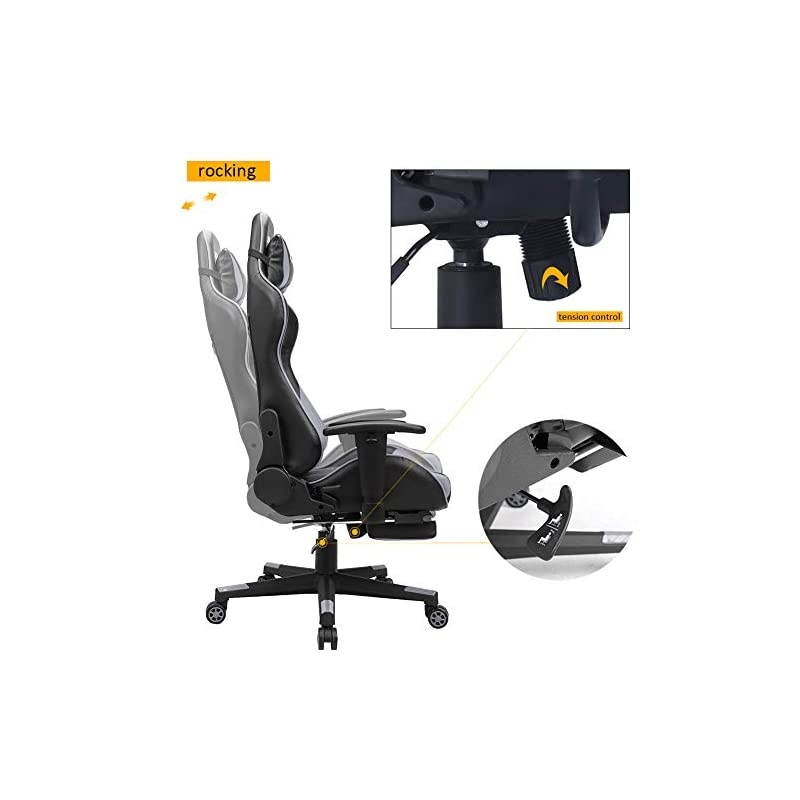 Back PU Leather Swivel Gaming Chair with Adjustable Lumbar Support Headrest Footrest Video Game Chair Racing Office Chair (Bule)