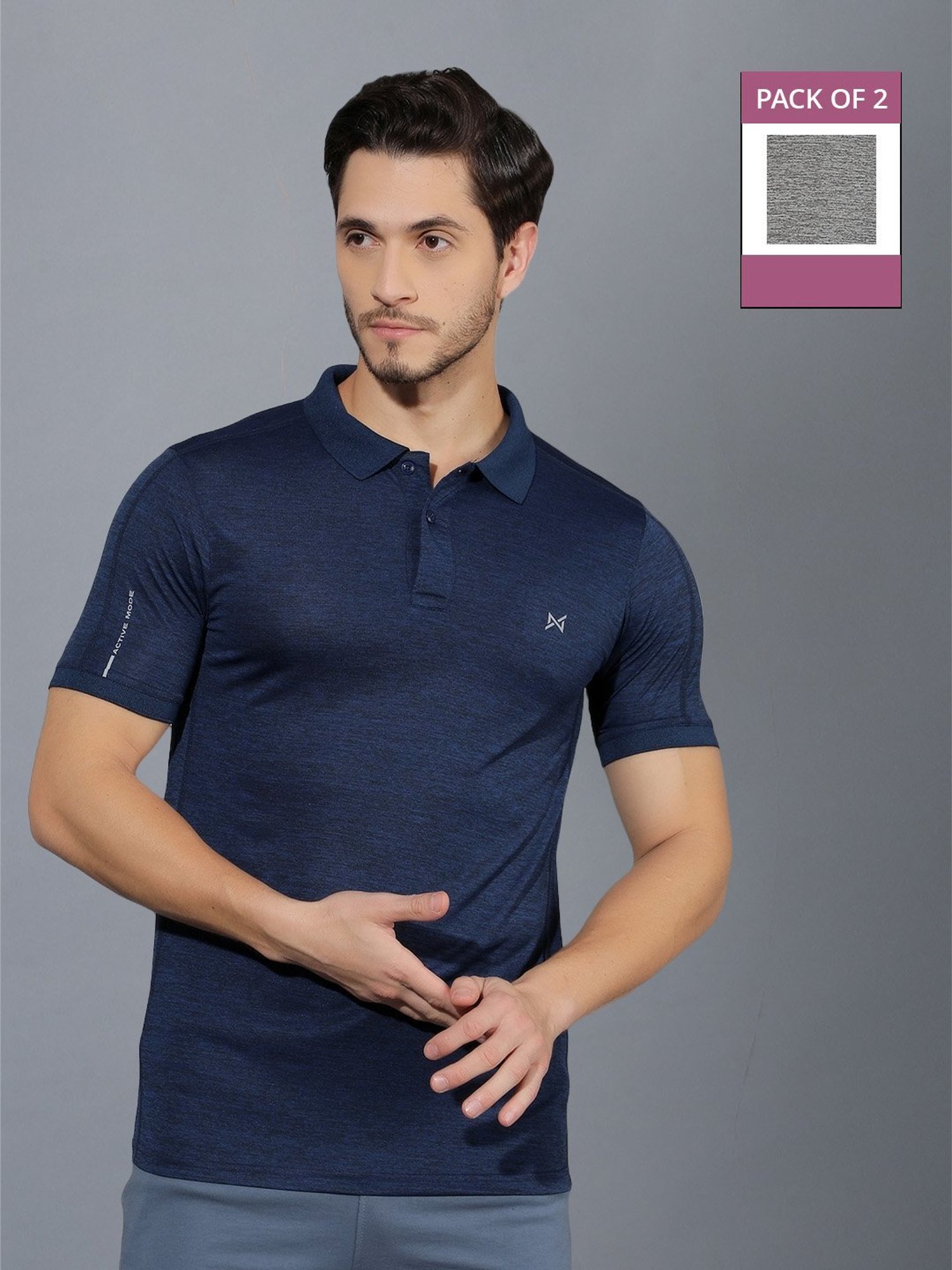 Force NXT Indigo & Grey Regular Fit Sports Polo - Pack Of 2