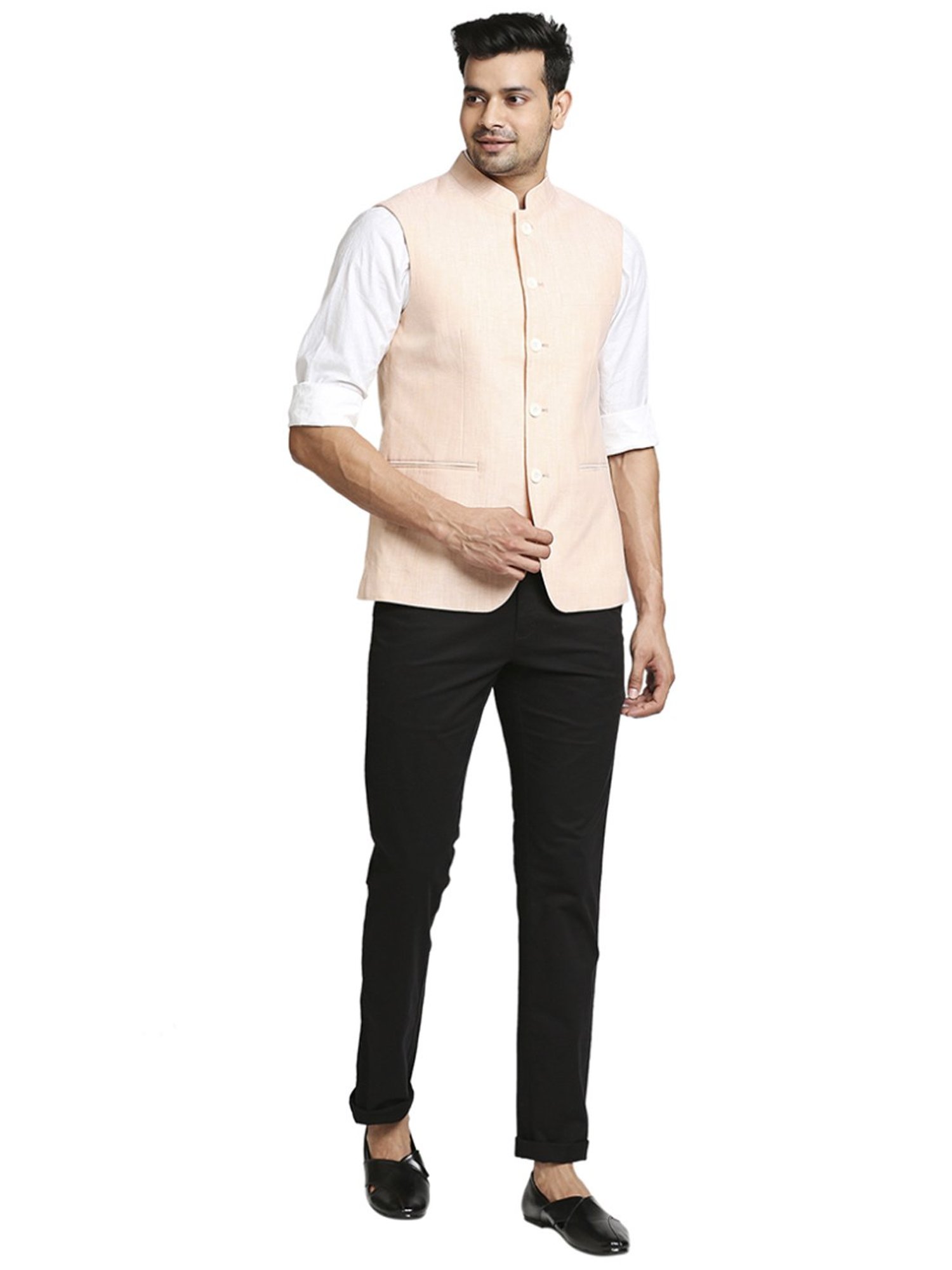 Colorplus Light Orange Tailored Fit Self Pattern Nehru Jacket