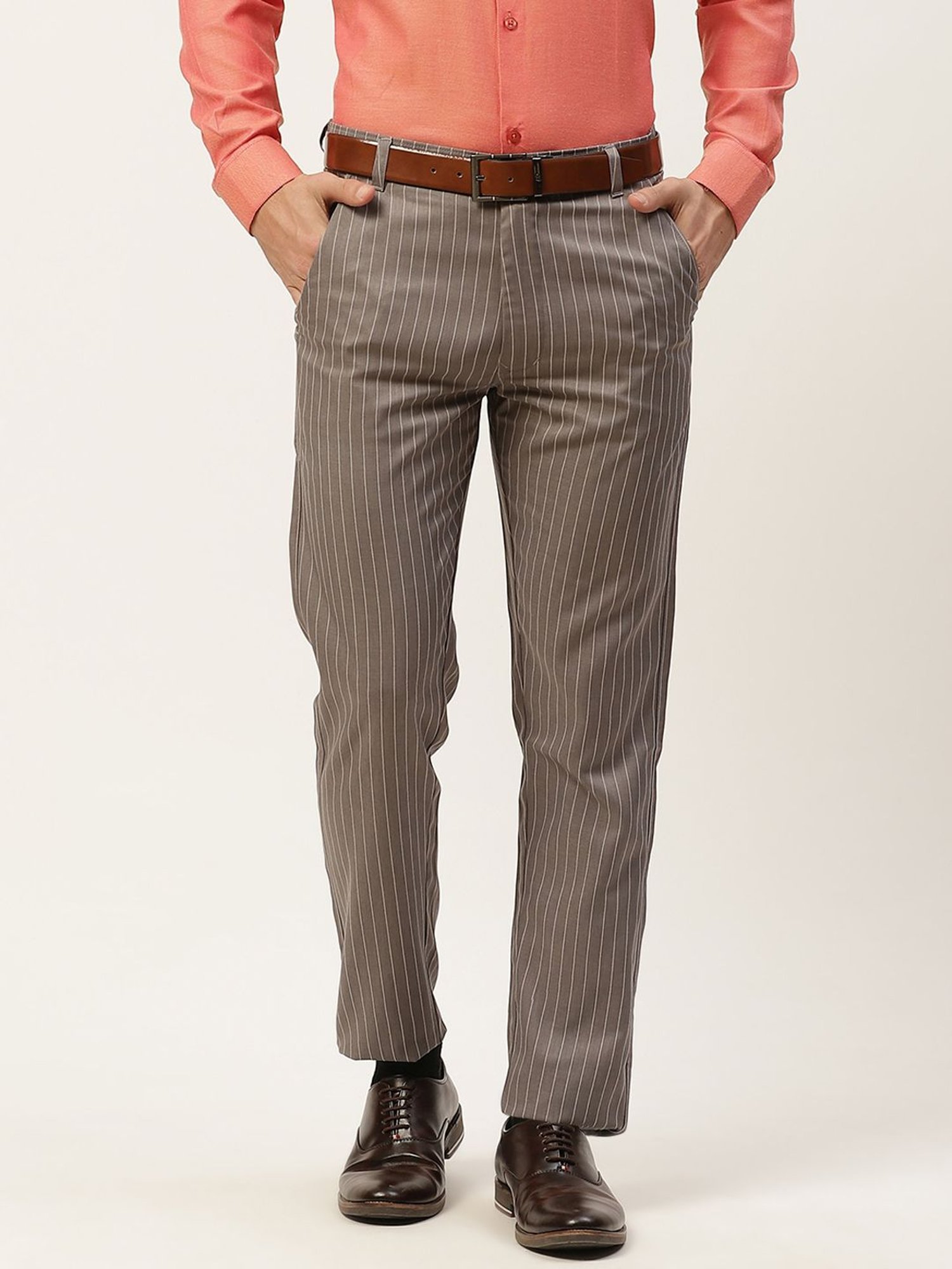 Sojanya Grey Cotton Regular Slim Fit Striped Flat Front Trousers
