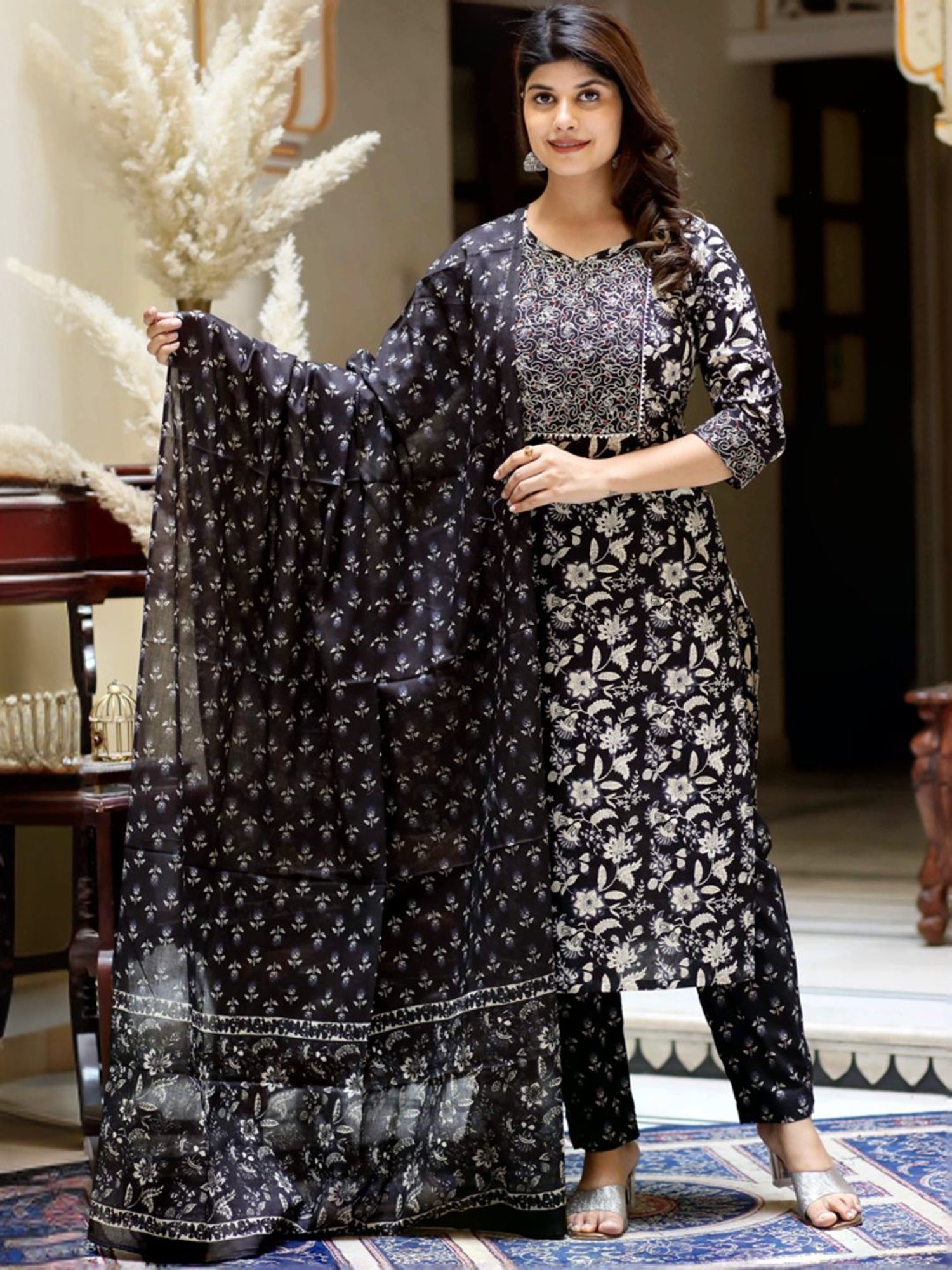 Miravan Black Cotton Embroidered Kurta Palazzo Set With Dupatta