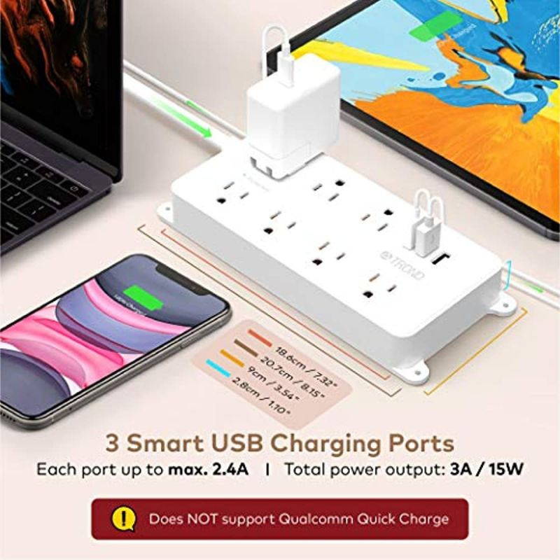 Surge Protector Power Strip Flat Plug, ETL Listed, TROND Wall Mountable Extension Cord Long 10ft, Low-Profile, 7 Widely-Spaced Outlets & 3 USB Ports, 1700 Joules, White