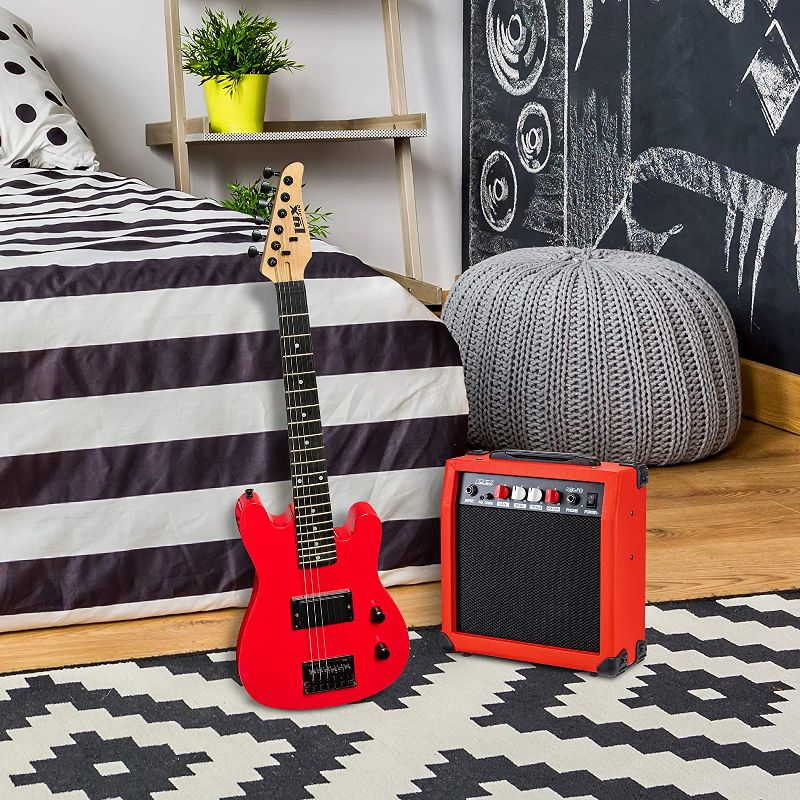 LyxPro 30 Inch Electric Guitar and Starter Kit for Kids with 3/4 Size Beginner's Guitar, Amp, Six Strings, Two Picks, Shoulder Strap, Digital Clip On Tuner, Guitar Cable and Soft Case Gig Bag - Red
