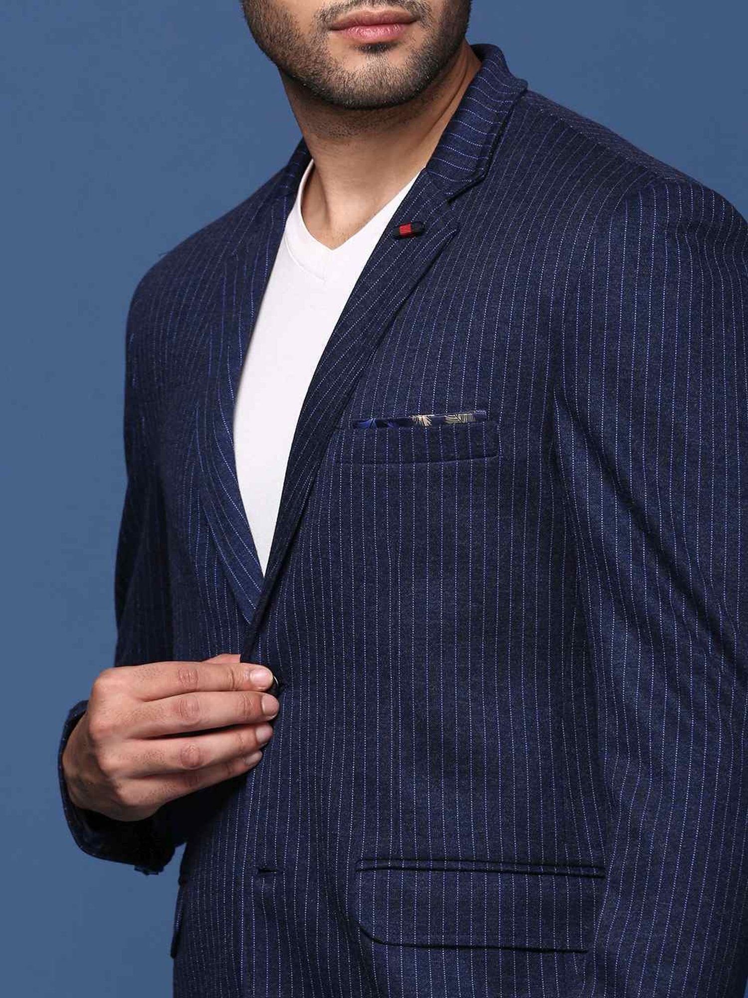 Showoff Navy Cotton Slim Fit Striped Blazer