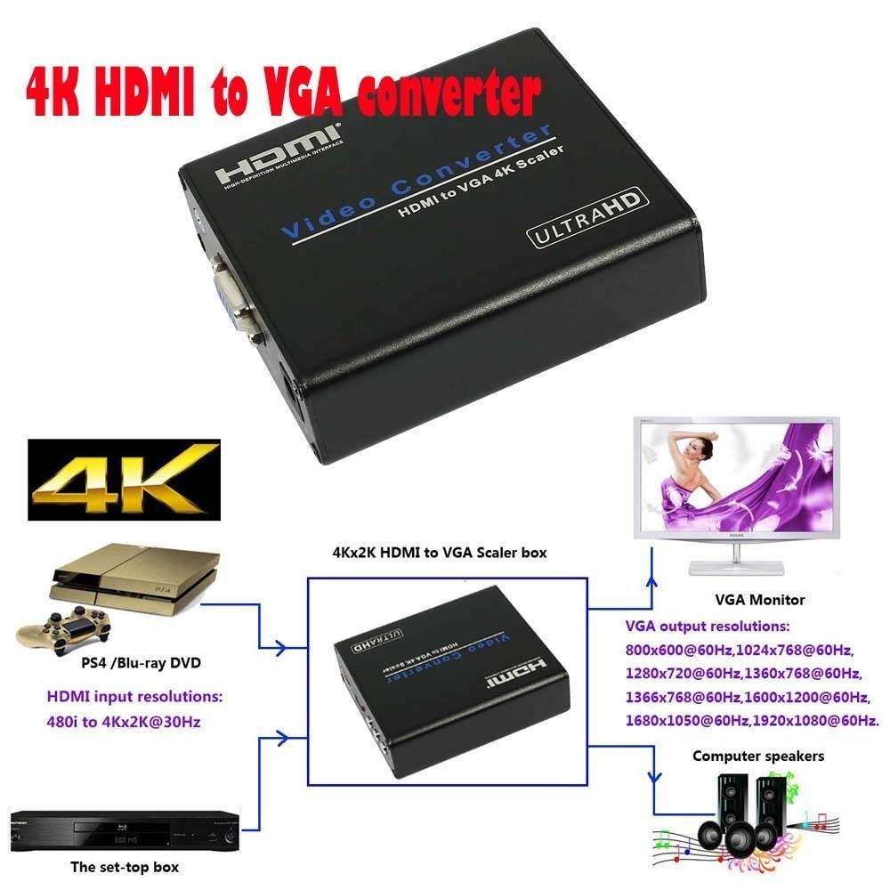 Hdmi to Vga 4K Scaler Audio Hdmi Input to Vga Output 3.5mm 4Kx2K 1080P Stereo Audio Converter EU Plug