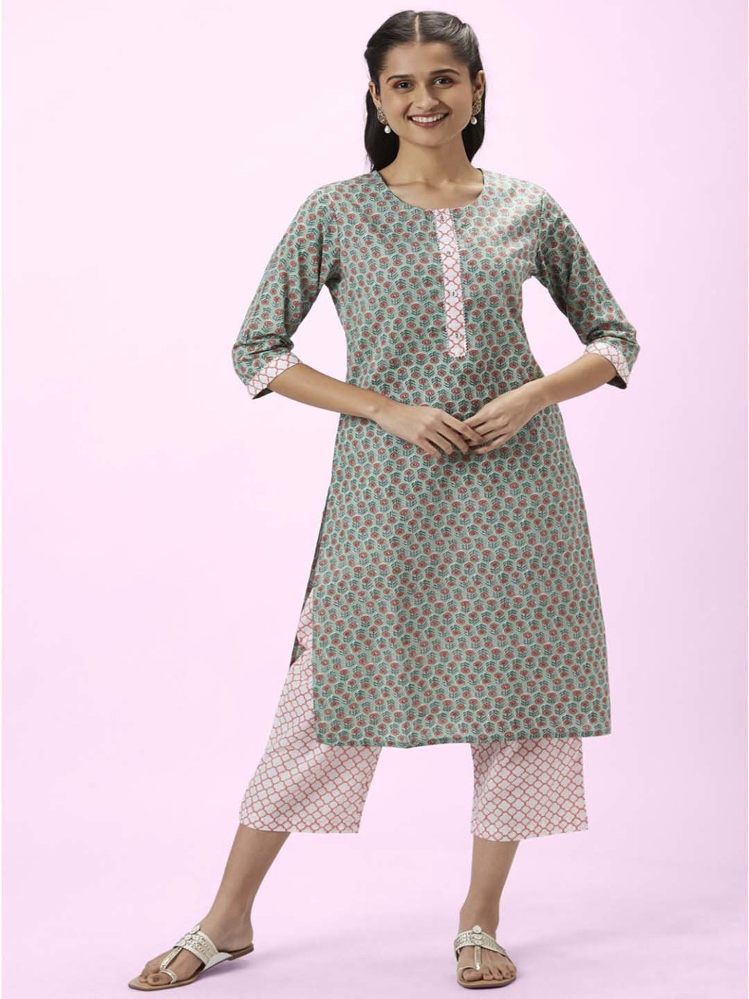 Rangmanch by Pantaloons Green & White Cotton Floral Print Kurta Palazzo Set