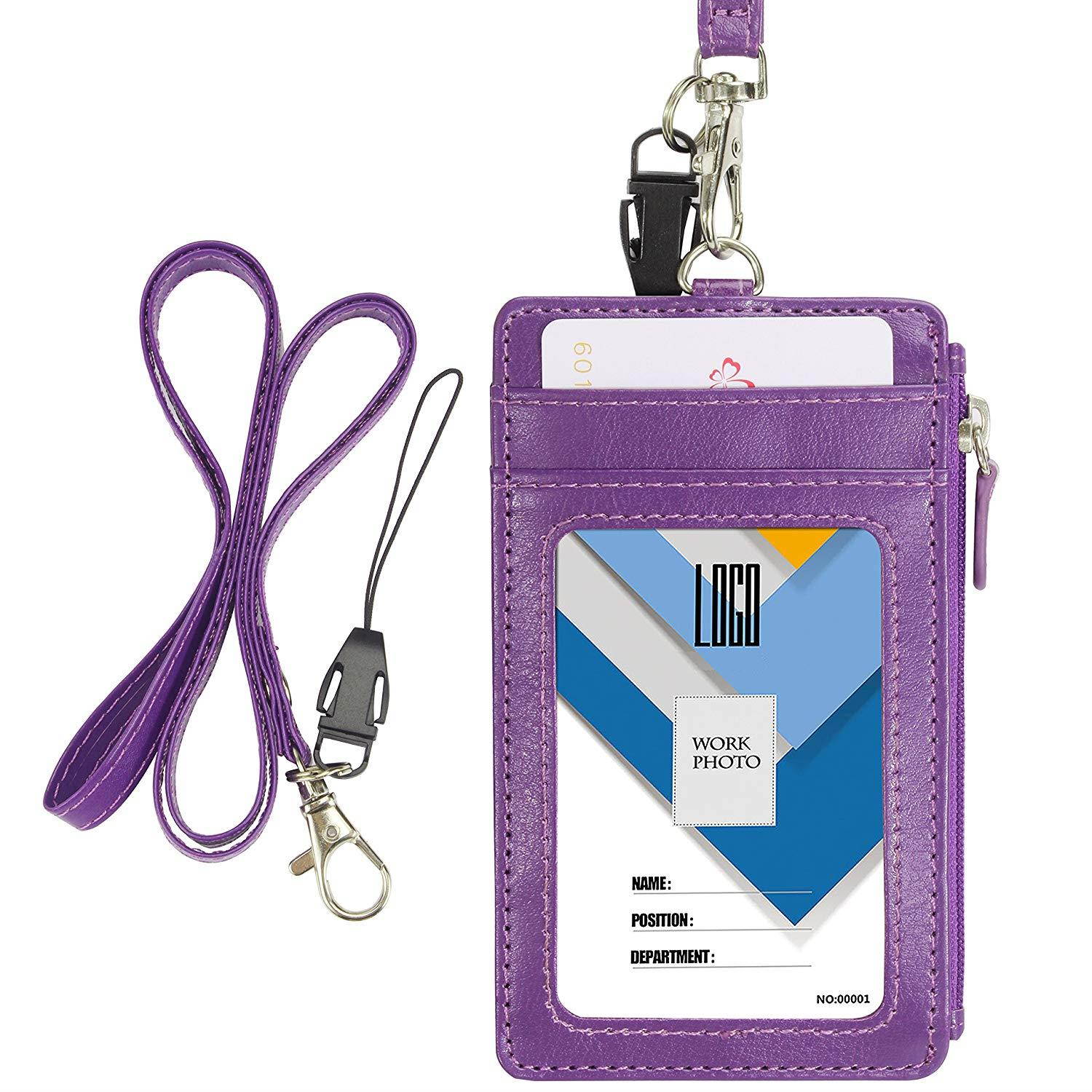 Badge Holder with Zip, Wisdompro 2-Sided PU Leather ID Badge Holder Wallet Case with 1 ID Window, 4 Card Slots, 1 Side Zipper Pocket and 1 piece 20" PU Neck Lanyard/Strap - Purple (Vertical)