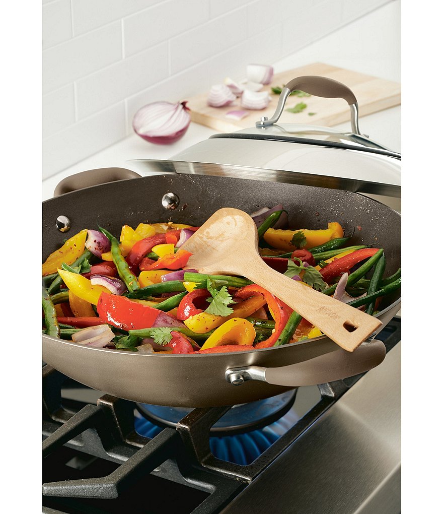 Anolon Advanced Home Hard Anodized Nonstick Bronze Covered Wok with Handles and Wooden Spoon