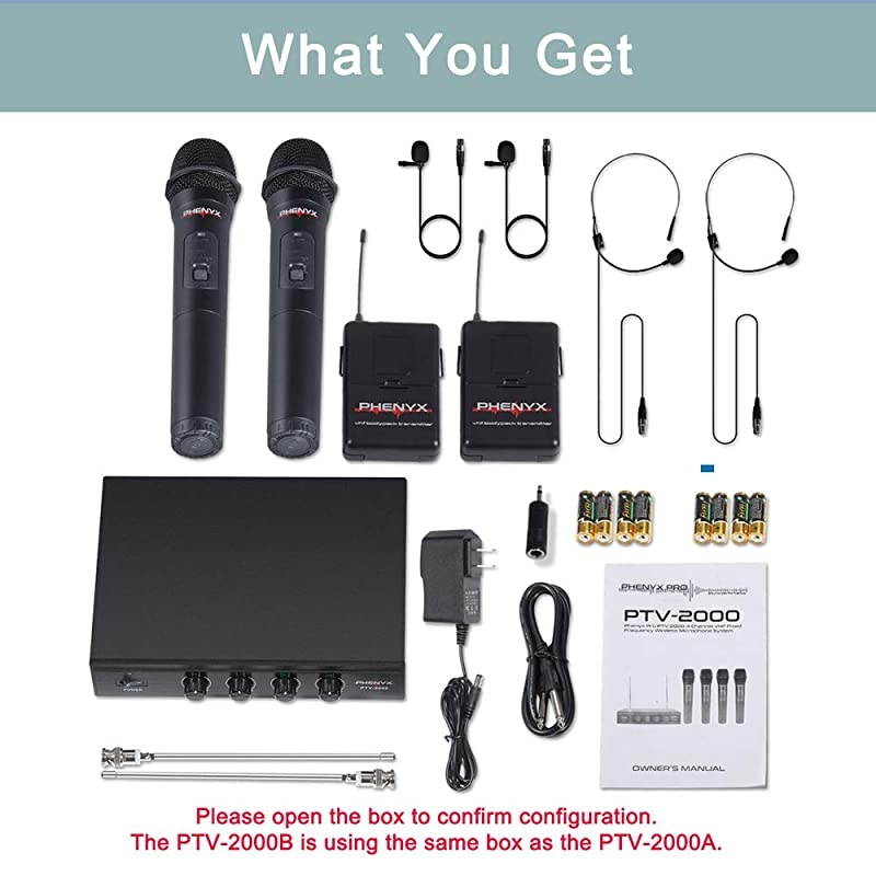 Wireless Microphone System,  4-Channel VHF Wireless Microphone Set with 2 Handhelds/2 Bodypacks/2 Lapels/ 2 Headset, Metal Receiver, Ideal for Church, Meeting, Conference(PTV-2000B)