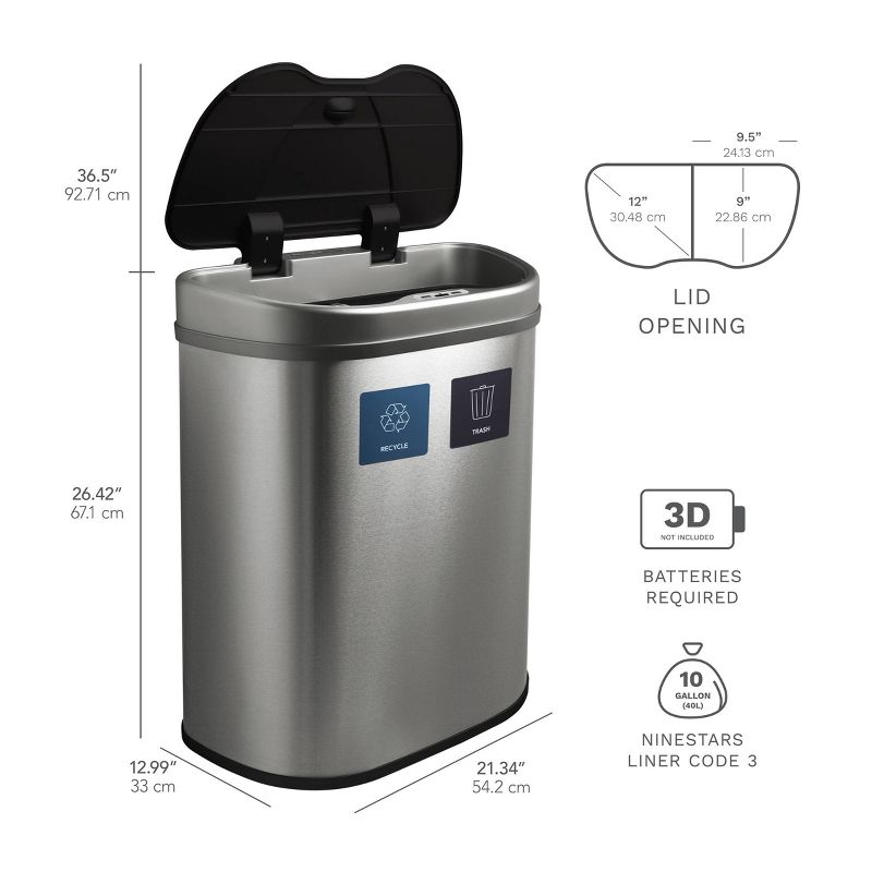 Nine Stars 18.5gal Motion Sensor D-Shape Stainless Steel Recycling Trash Can