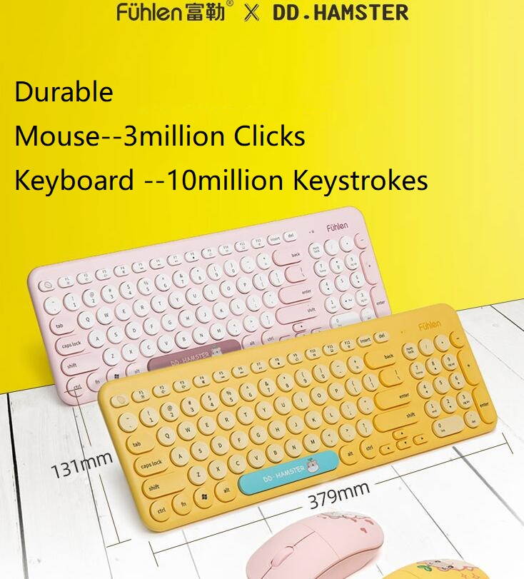 Fuhlen X DD. Hamster Limited Version MK900 2.4 GHZ  Wireless Connectivity,Round Keycaps Keyboard and 3 Files  DPI Adjustable Mouse Combo-Yellow