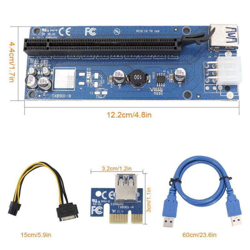 3-PACK VER 006C PCI-E Riser 1x to 16x PCI Express Extender GPU Riser Adapter with 60cm(23.6in) USB 3.0 Extension Cable & 6Pin Power Cable - Dedicated for Crypto currency Mining Bitcoin\Litecoin\ETH