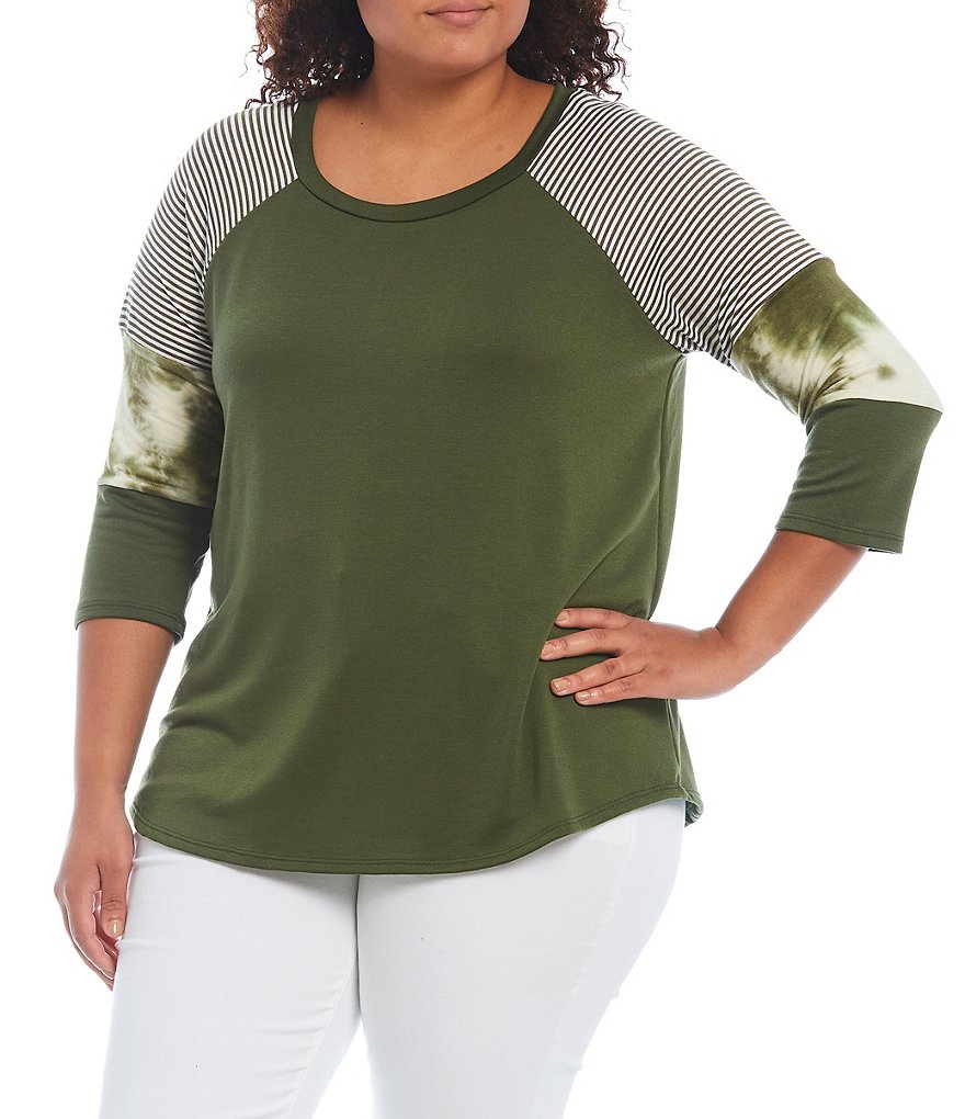 Moa Moa Plus Size Scoop Neck Color Block Printed Raglan 3/4 Sleeve Top