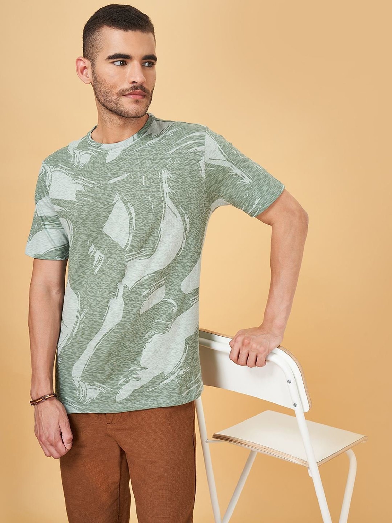 7 Alt by Pantaloons Sage Green Cotton Relaxed Fit Printed T-Shirt