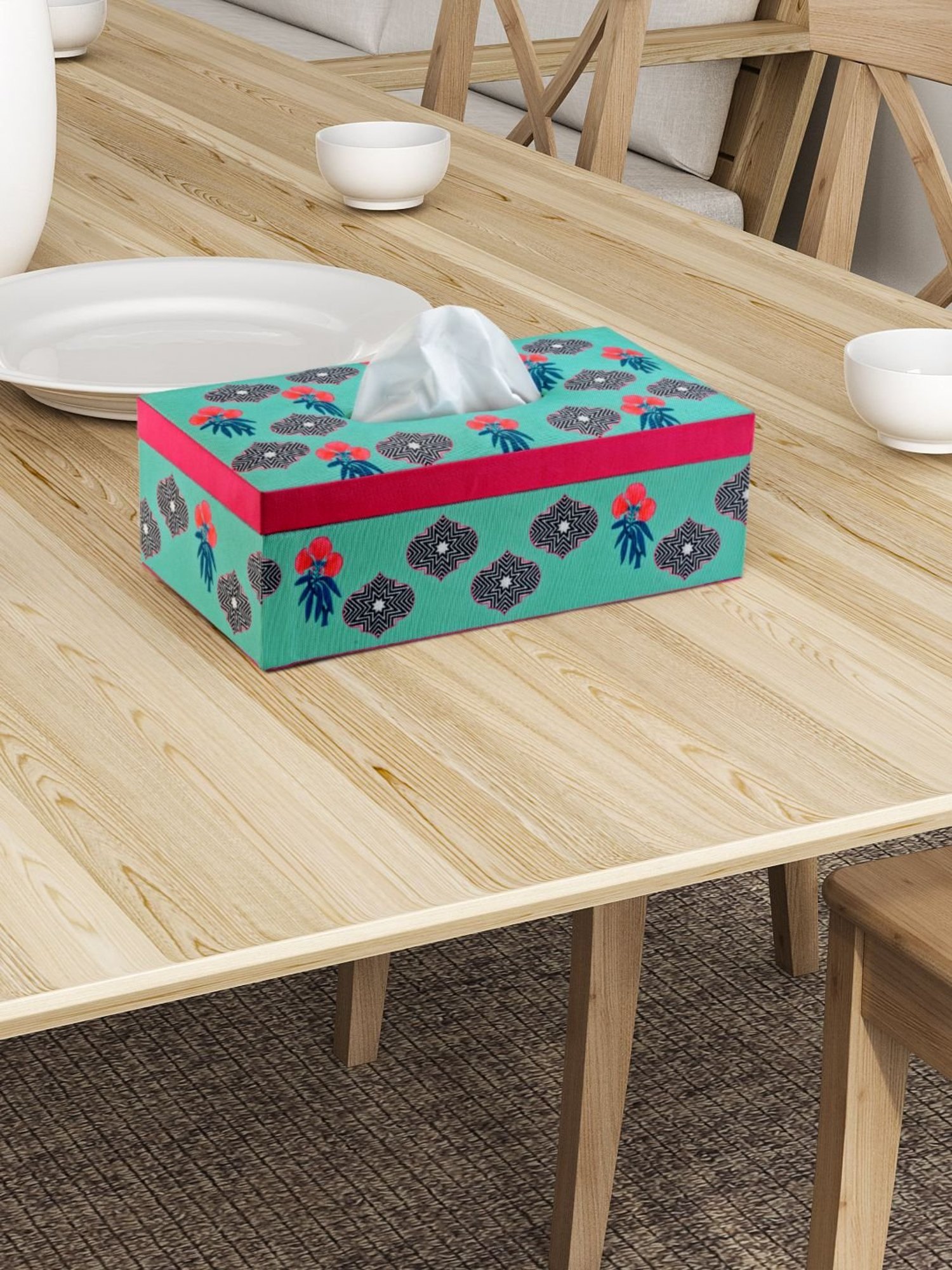 SEJ by Nisha Gupta Teal Blue Wooden Tissue Paper Box Holder - Set of 1