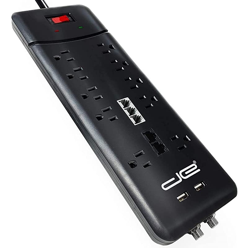 25FT Heavy Duty 10Outlet 3500 Joules Surge Protector Power Strip 25 Foot Long Extension Cord Two USB Charging Ports Coaxial Phone Protection ETL Listed 15 AMP Black