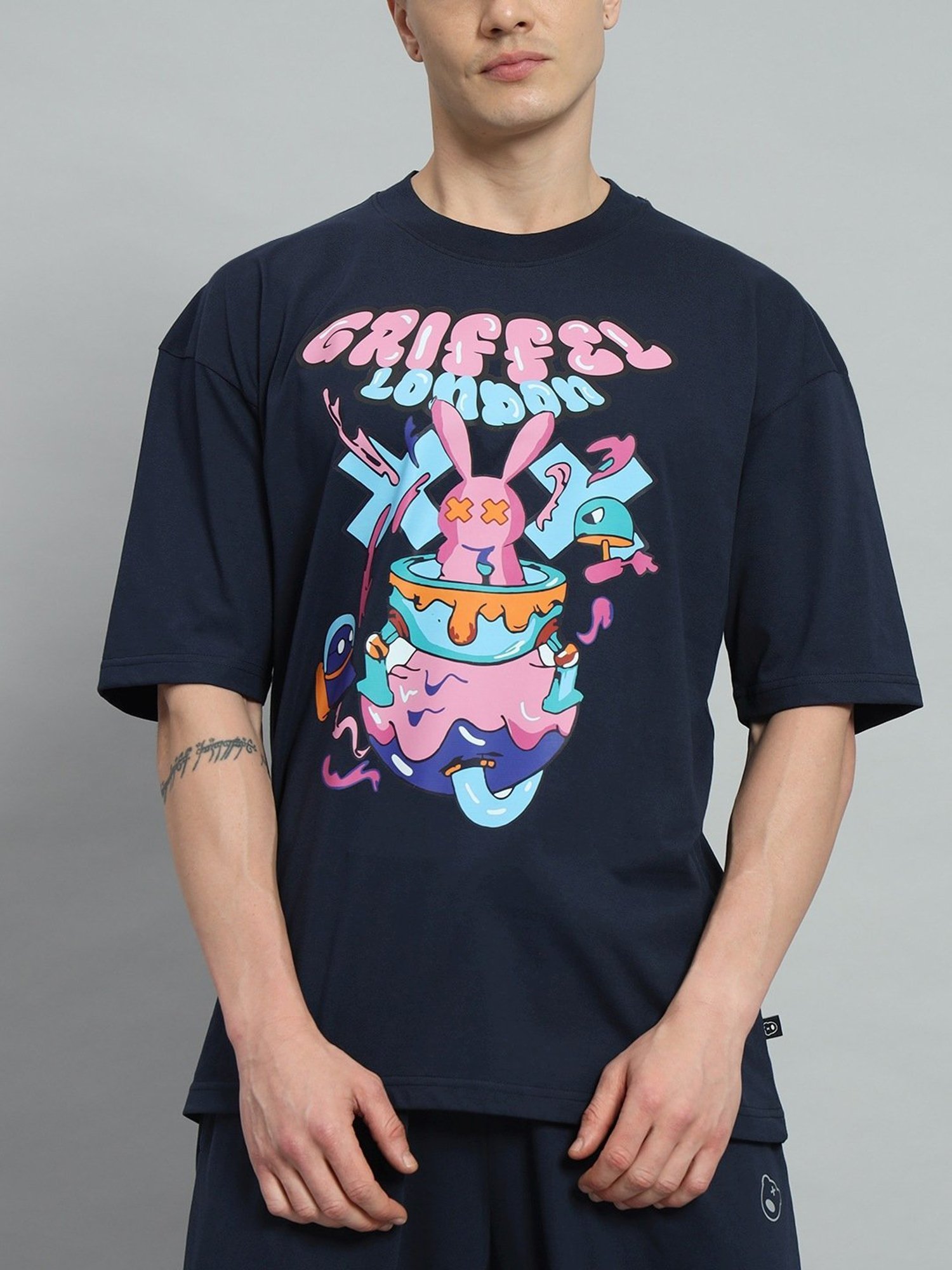 Griffel Navy Blue Cotton Loose Fit Printed Co-Ord Set