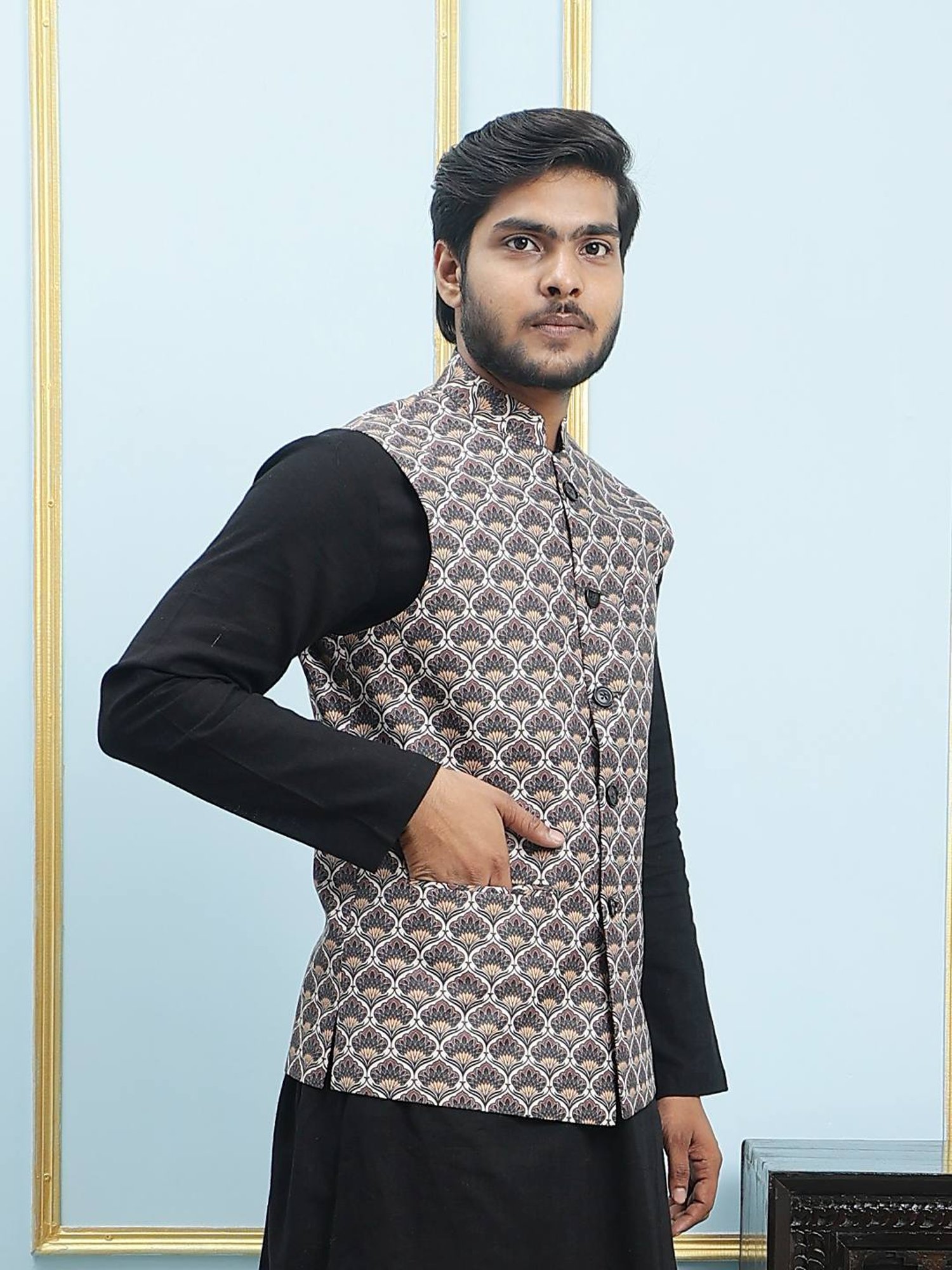 See Designs Black Slim Fit Printed Nehru Jacket