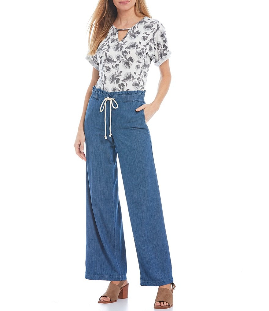 NYDJ Chambray Ruffle Drawstring Waist Wide Leg Pants