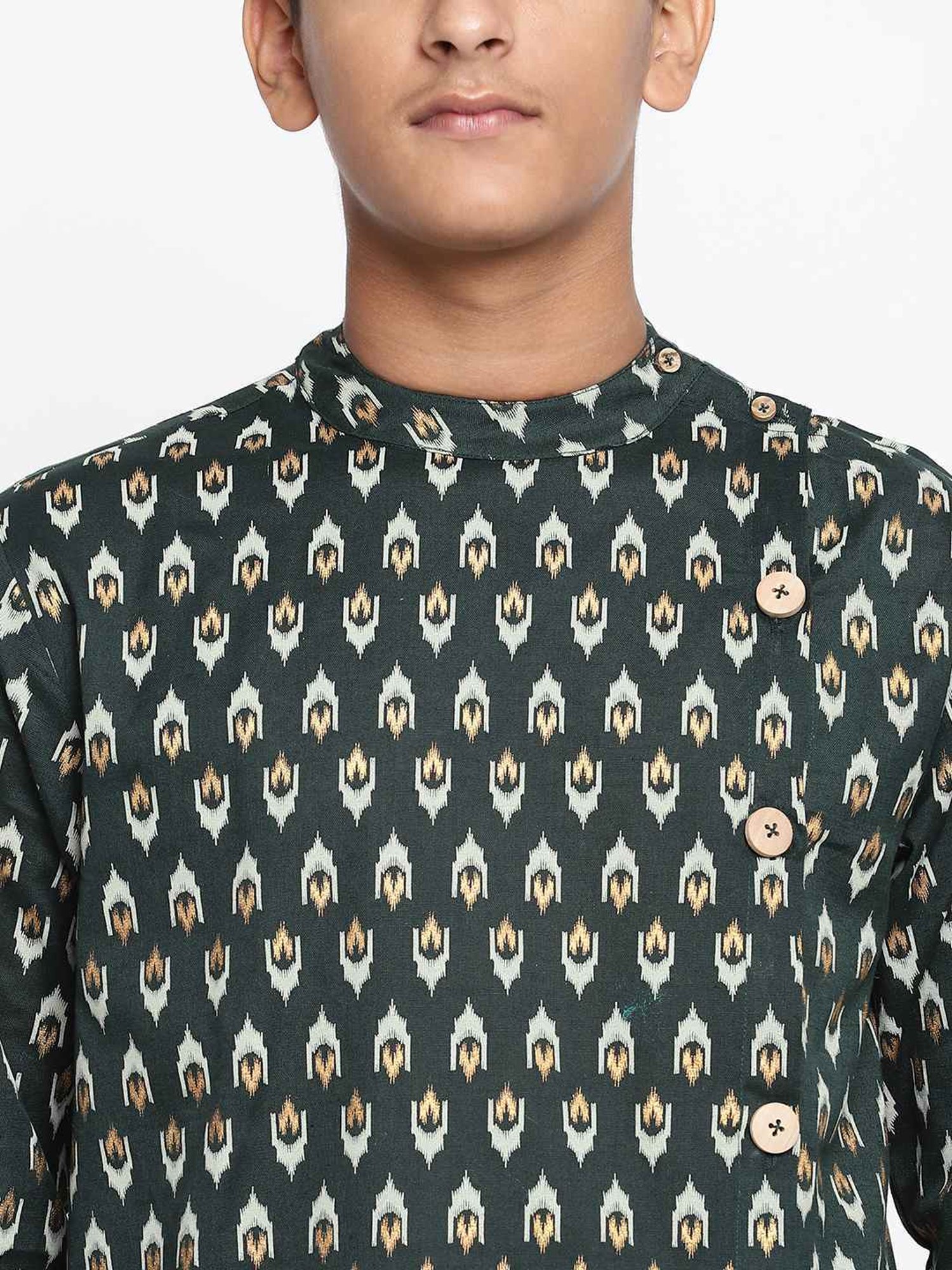 Lil Tomatoes Kids Green & White Cotton Printed Full Sleeves Kurta Set