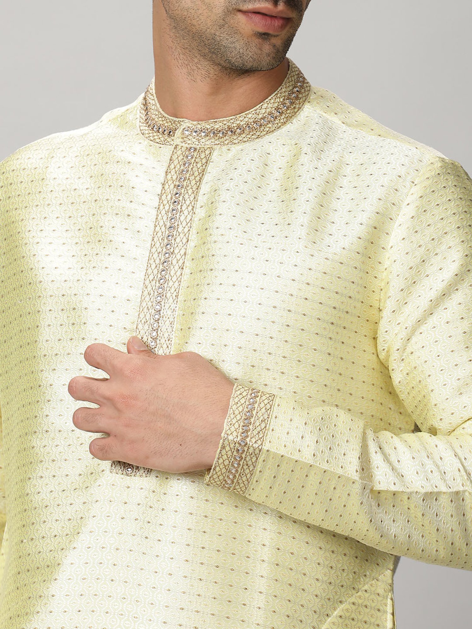 Saffron Threads Lemon Yellow Jacquard Kurta