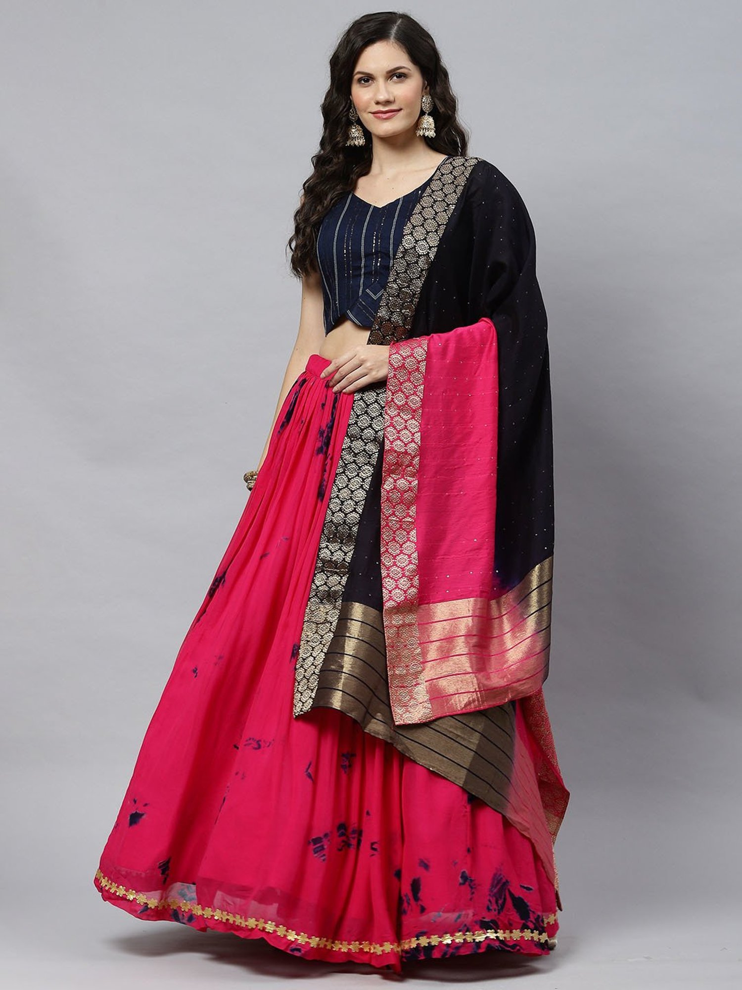 SHUBHKALA Pink & Navy Embellished Lehenga Choli Set With Dupatta