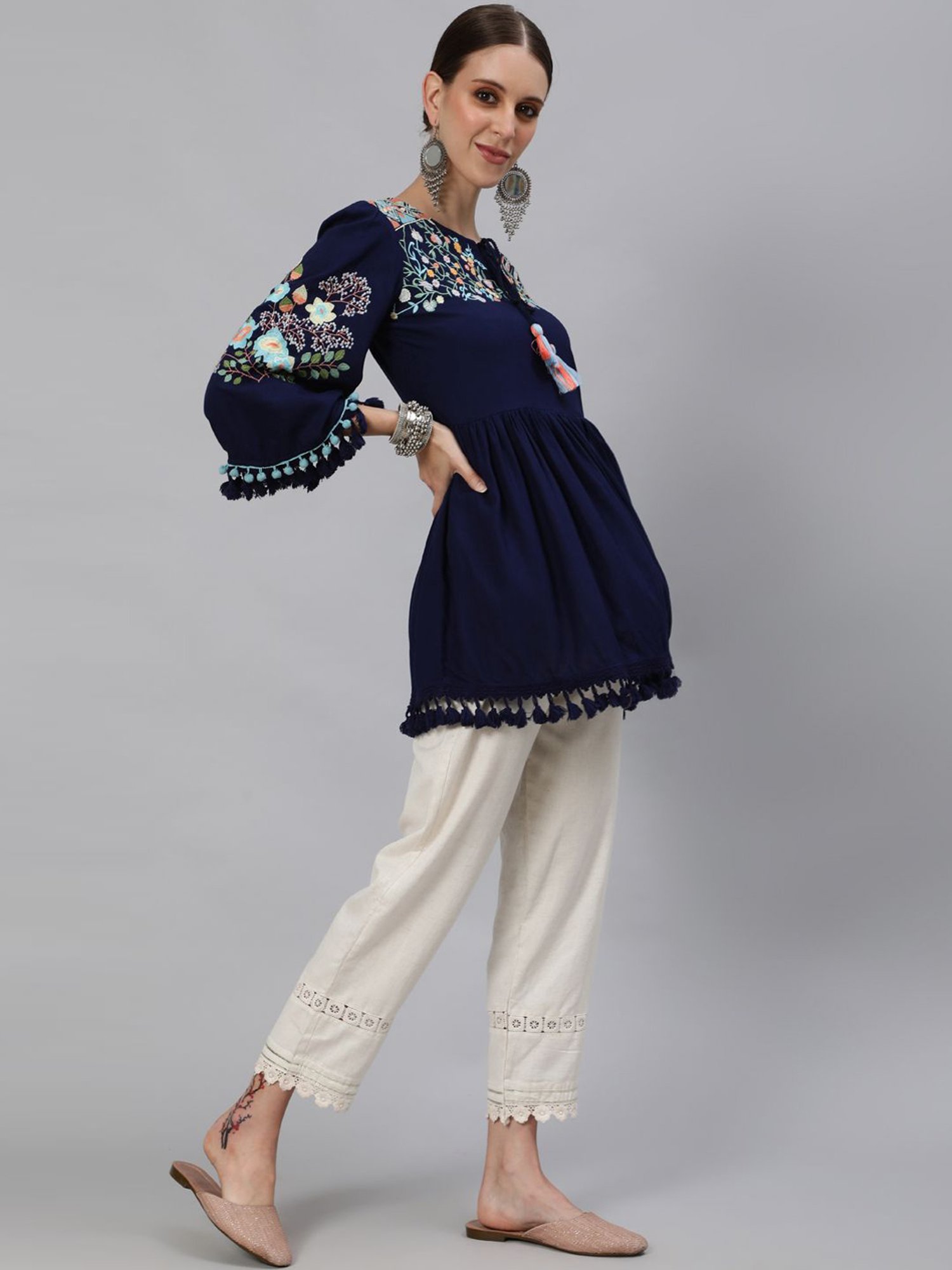 Ishin Navy Embroidered Tunic