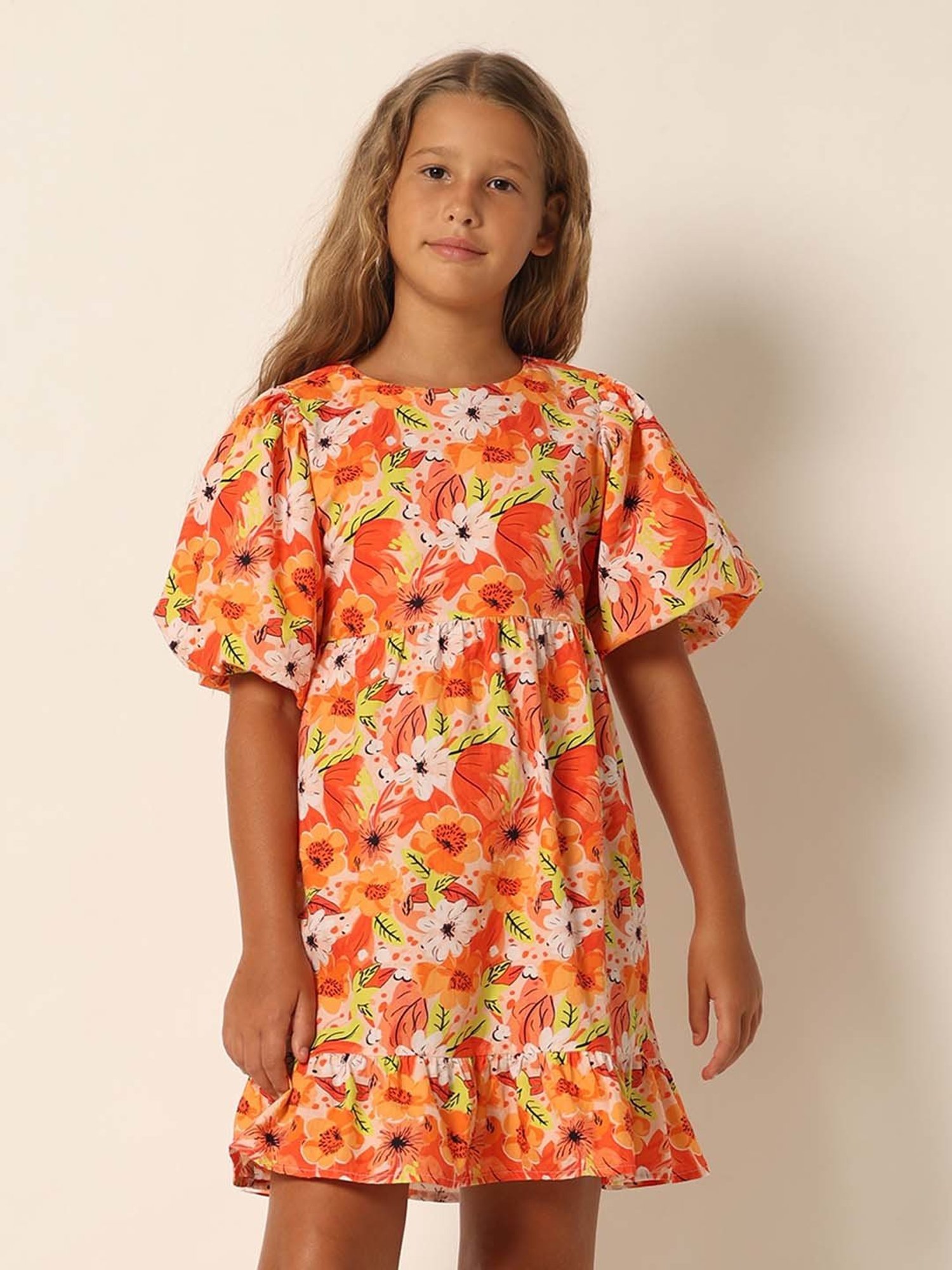 VERO MODA GIRL Orange Cotton Floral Print Dress
