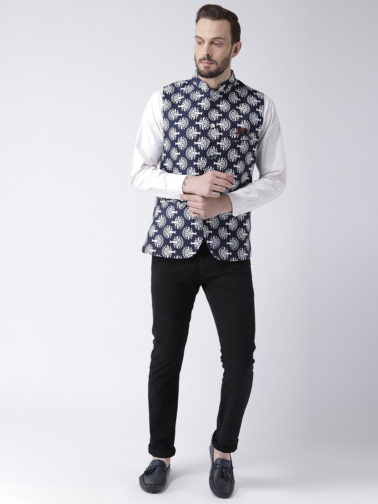 Hangup Plus Navy & White Regular Fit Printed Nehru Jacket