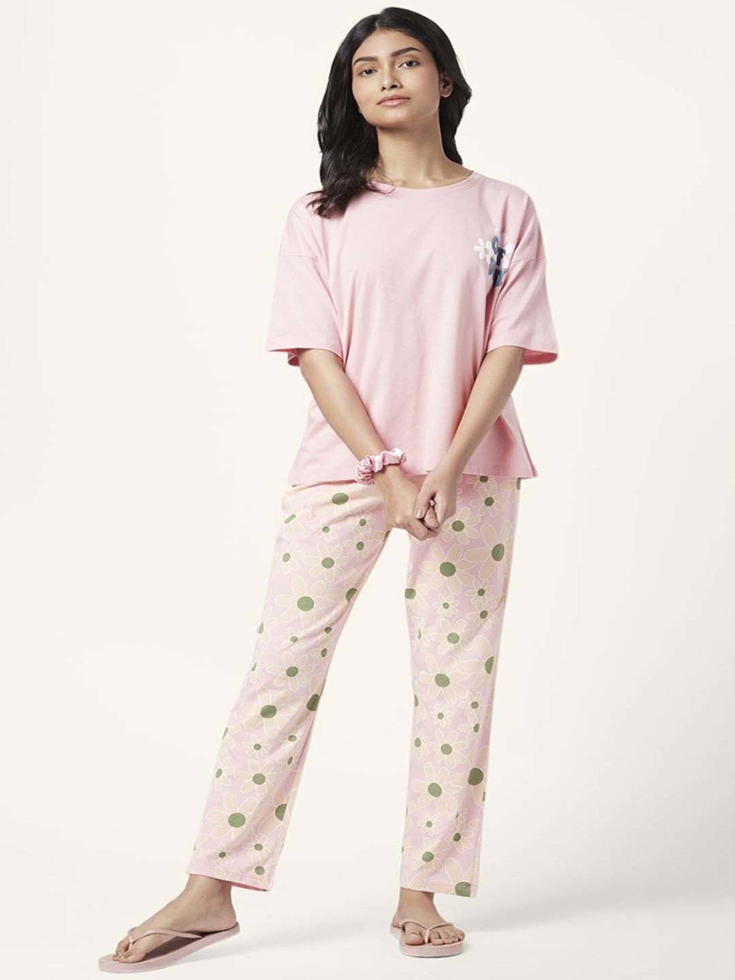 Dreamz by Pantaloons Pink Cotton Floral Print Pyjamas