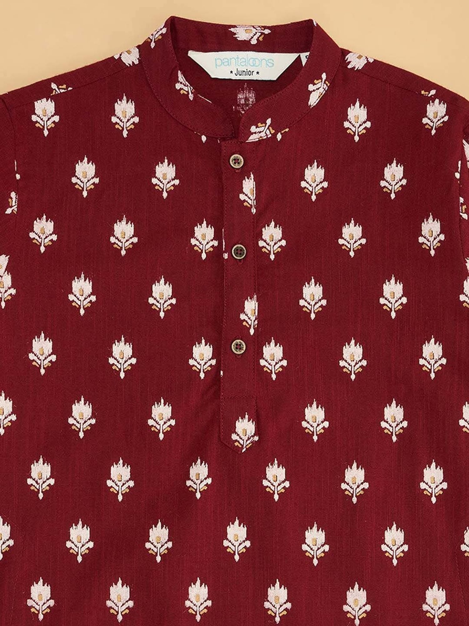 Indus Route by Pantaloons Kids Maroon & White Cotton Printed Full Sleeves Kurta Set