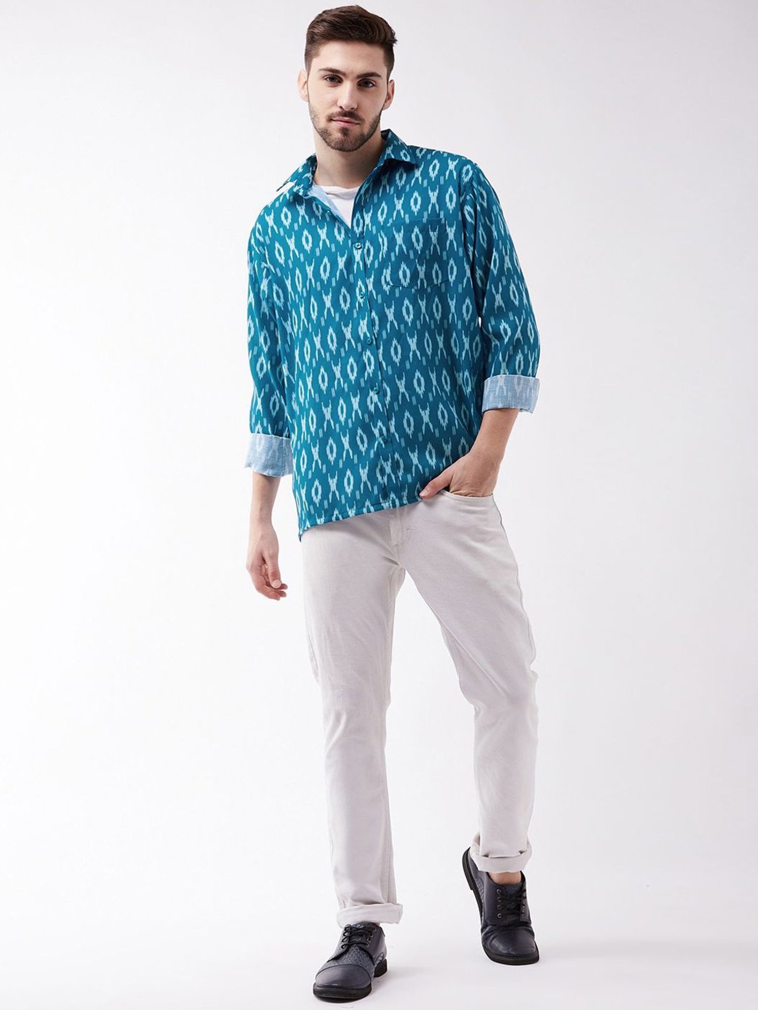 Vastramay Turquoise Cotton Straight Fit Printed Shirts