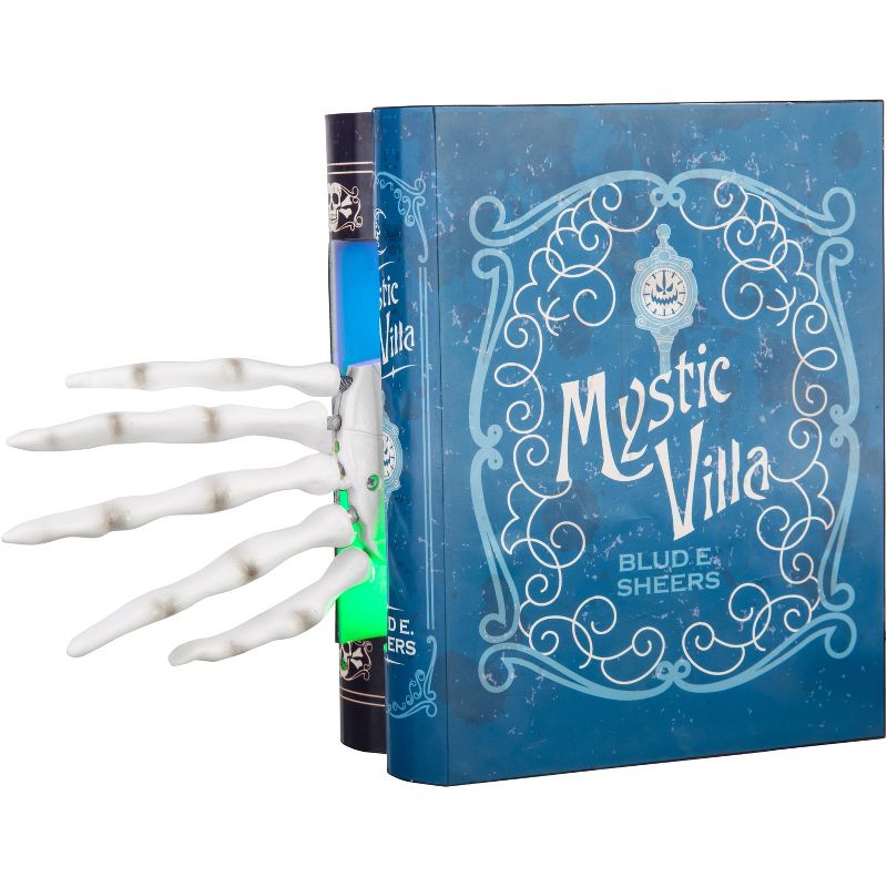 Gemmy Animated Tabletop Decor Mystic Villa Books w/White Skeleton Hand, blue