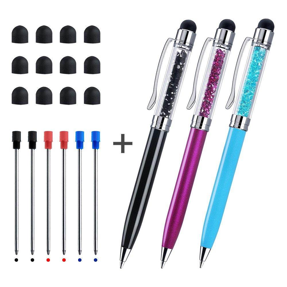 Crystal Stylus Pens, CHAOQ 3 Pcs, Black, Red, Blue, Stylus Pen and Ballpoint Pens (Black Red Blue Ink, 1.0mm) for Touch Screens iPad, iPhone, Tablet, Kindle, with 12 Extra Rubber Tip, 6 Refills