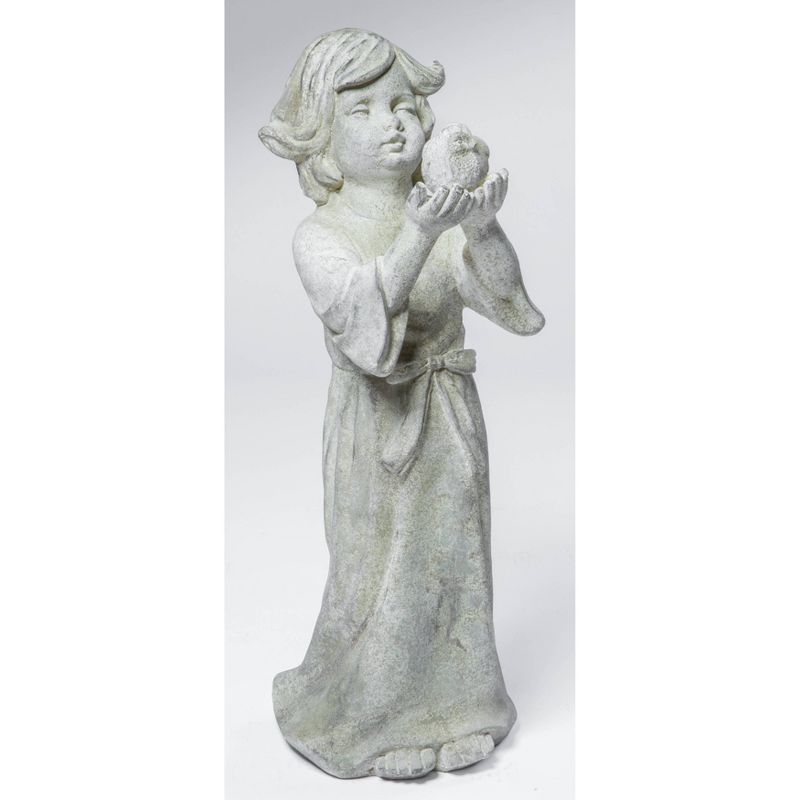 26" Resin Indoor/Outdoor Child Holding Bird Garden Statue Gray - Alfresco Home LLC