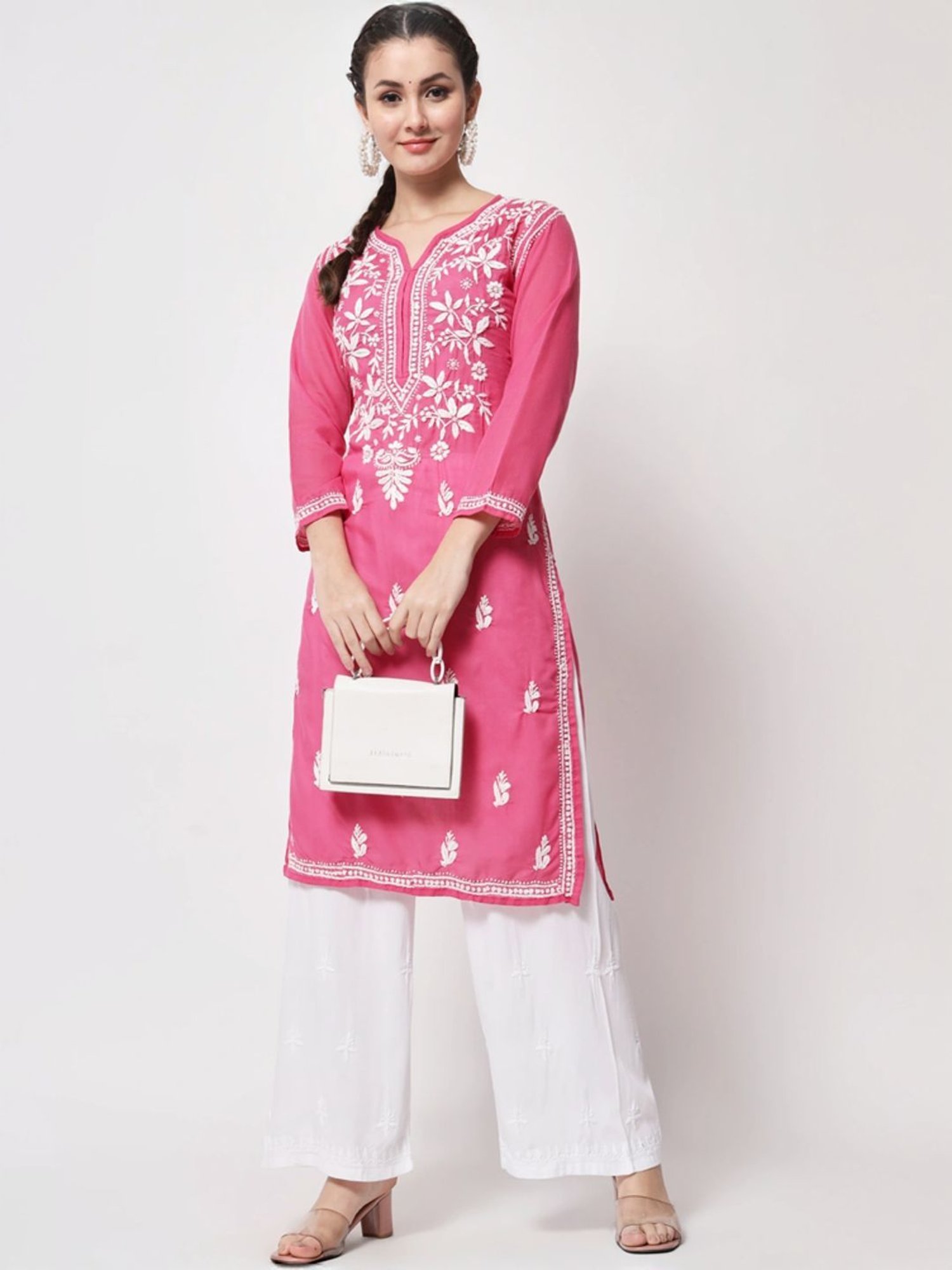 PARAMOUNT CHIKAN Hot Pink Cotton Hand Embroidered Chikankari Straight Kurta