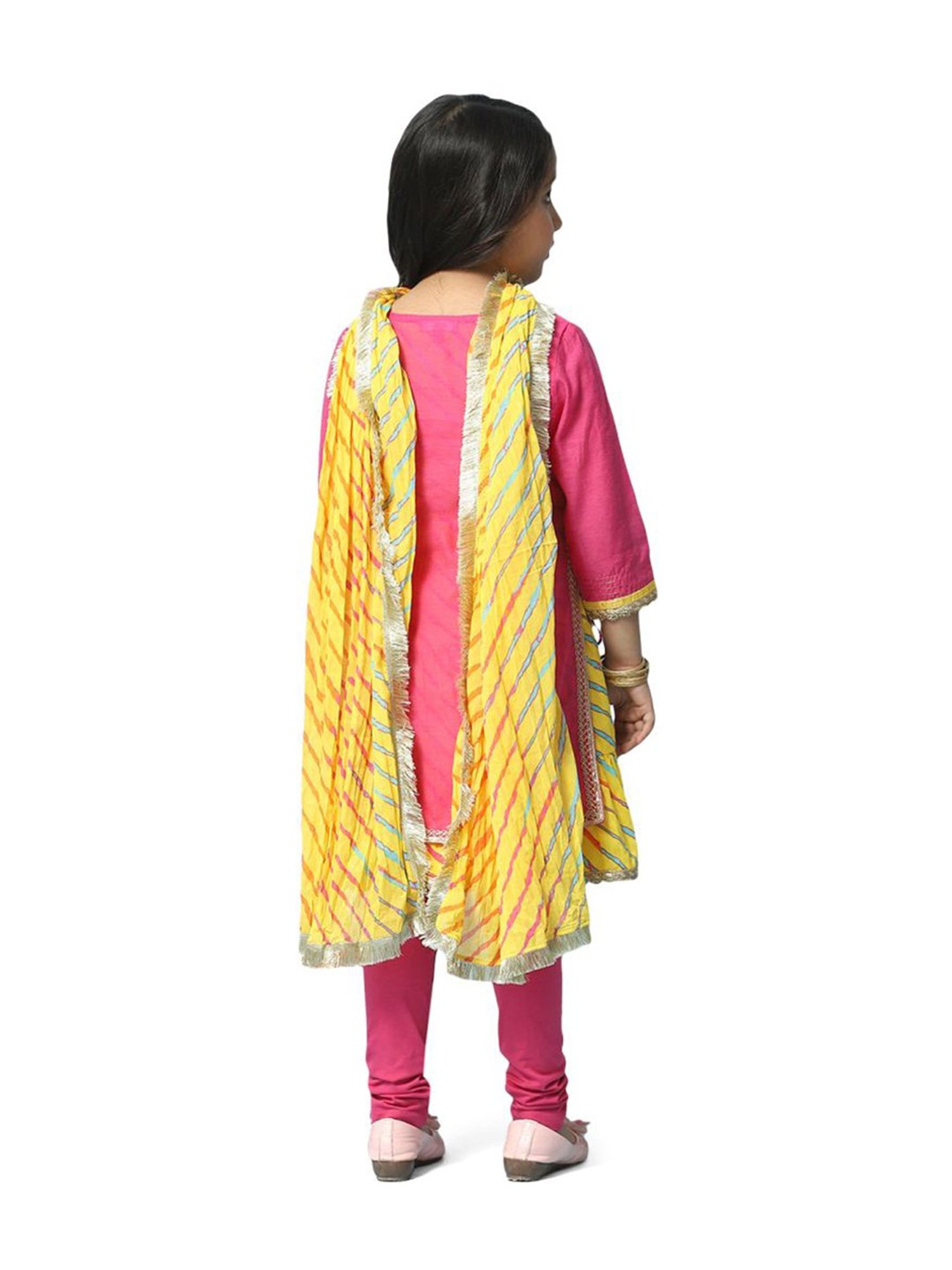 BIBA Girls Pink & Yellow Cotton Embroidered Kurta Set