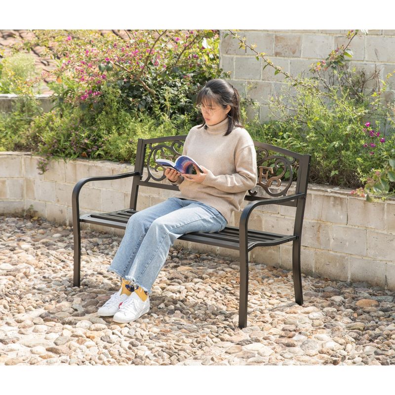 Gardenised Steel Outdoor Patio Garden Park Bench with Cast Iron "Welcome" Backrest