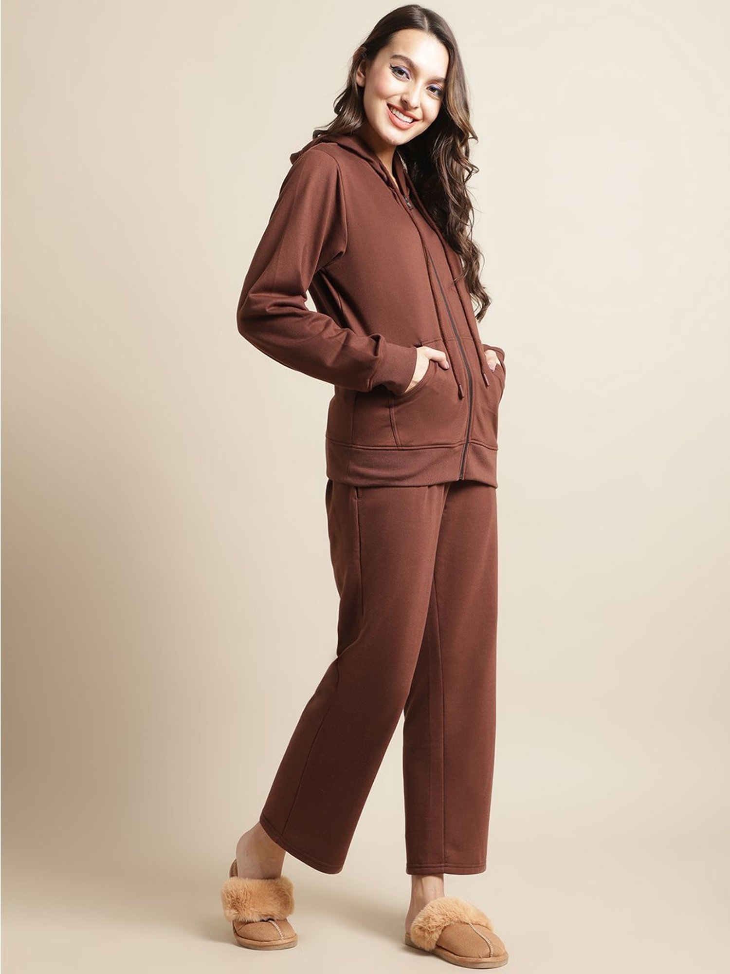 Secret Wish Brown Winter Hoodie With Pyjamas