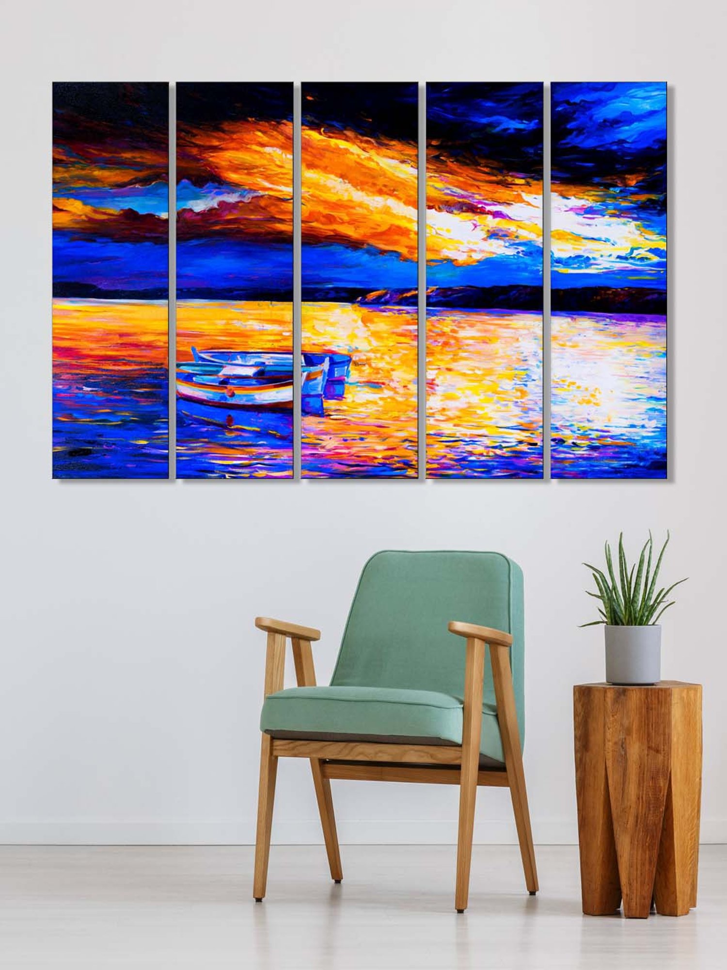999Store Blue & Orange Boats in The Sea Art 5 Frame MDF Paintings
