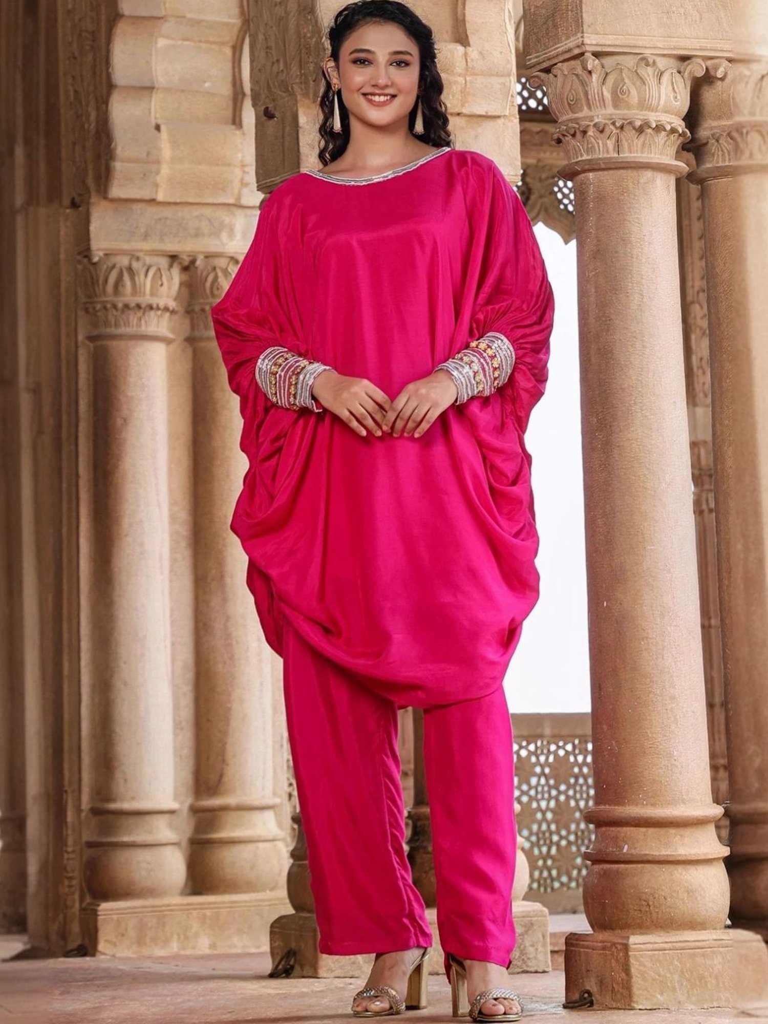Scakhi Pink Muslin Silk Poncho Co-Ord Set With Trouser And Camisole
