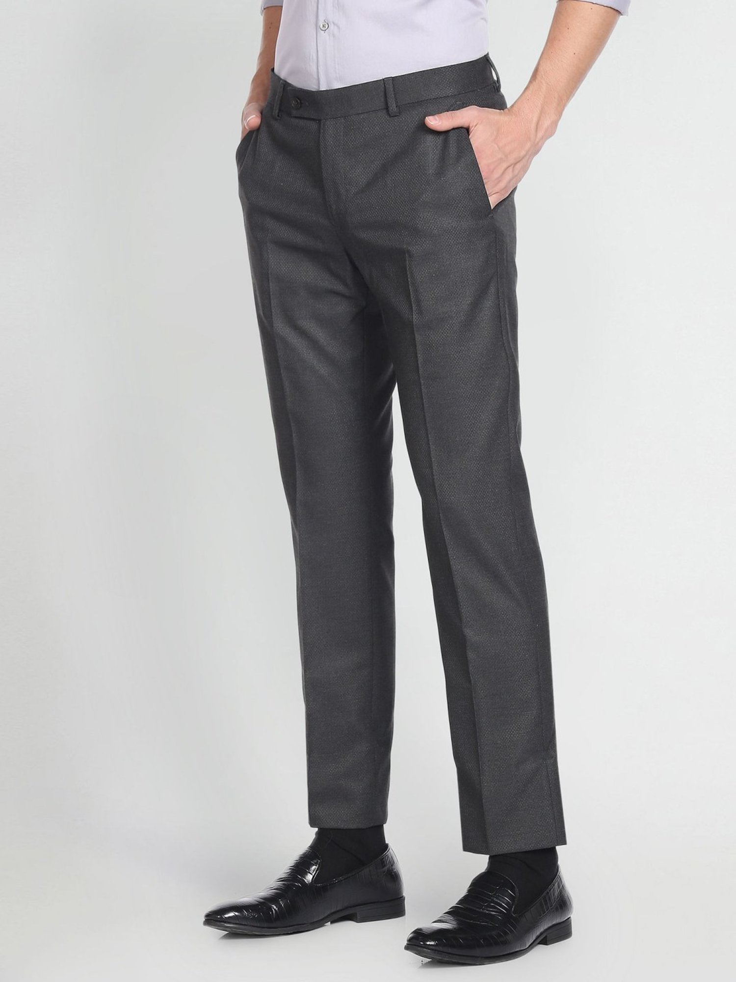 Arrow Grey Regular Fit Self Pattern Trousers