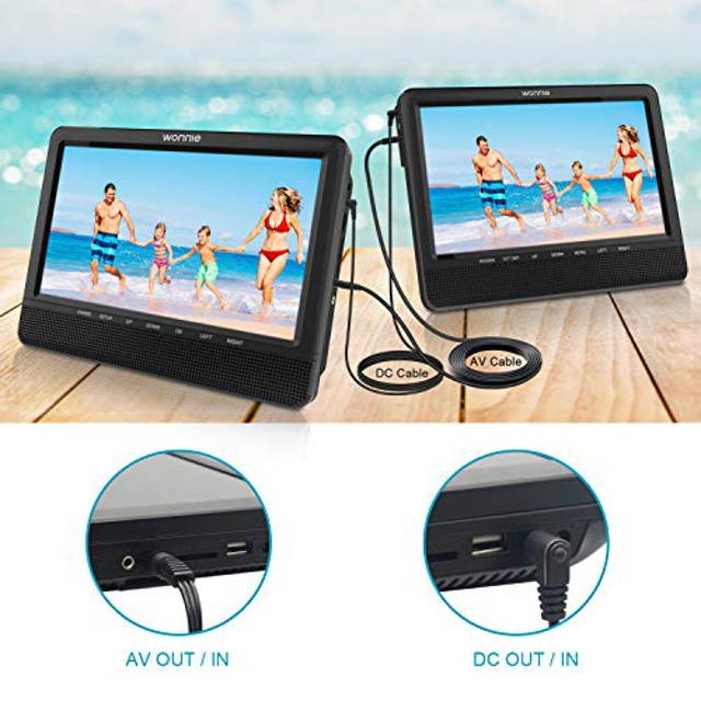WONNIE 10'' Dual Car DVD Player Portable Headrest CD Players for Kids with 2 Mounting Brackets Built-in 5 Hours Rechargeable Battery Great for Family Travel ( 1 Player+1 Monitor )