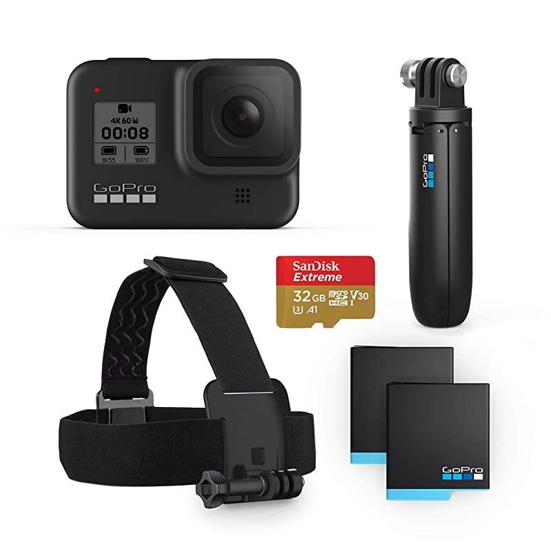 HERO8 Black Bundle - Includes HERO8 Black Camera, Shorty, Head Strap, 32GB SD Card, and 2 Rechargeable Batteries