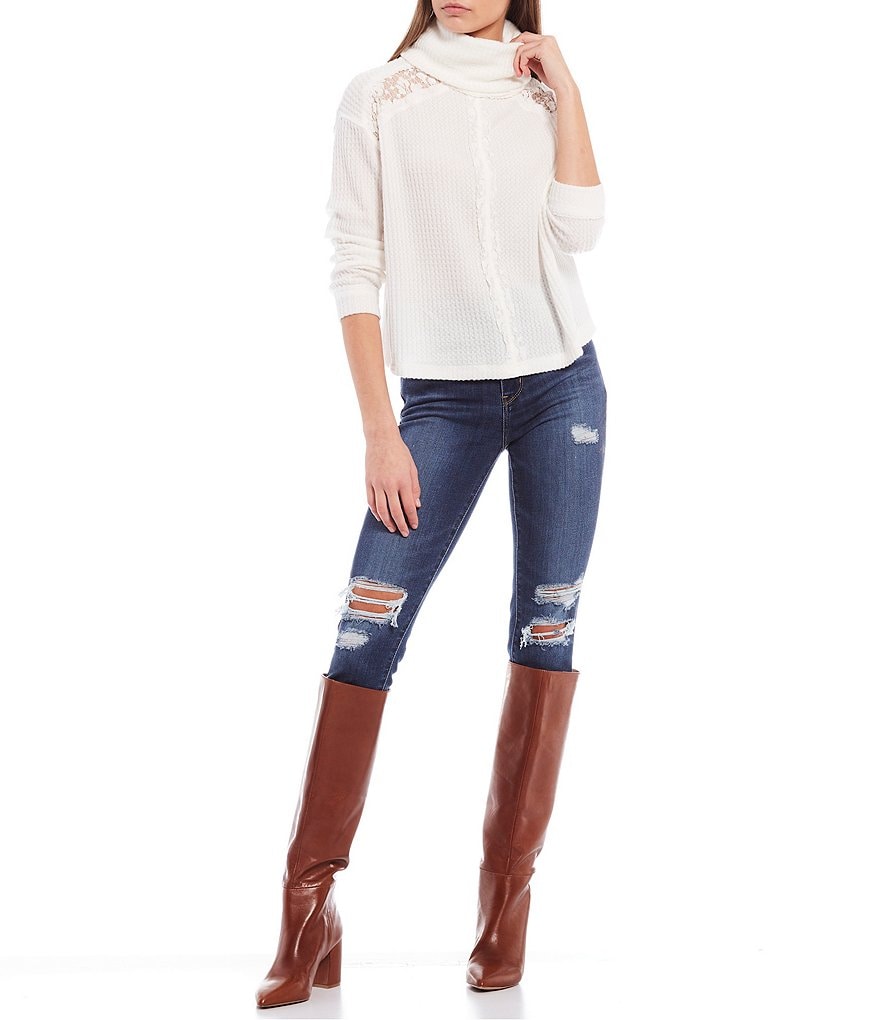 Coco + Jaimeson Long-Sleeve Cowl-Neck Lace Mix Thermal Top