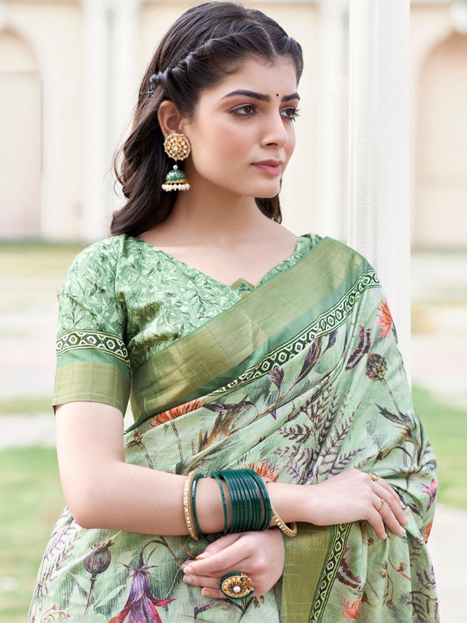 Satrani Green Silk Floral Print Saree With Unstitched Blouse