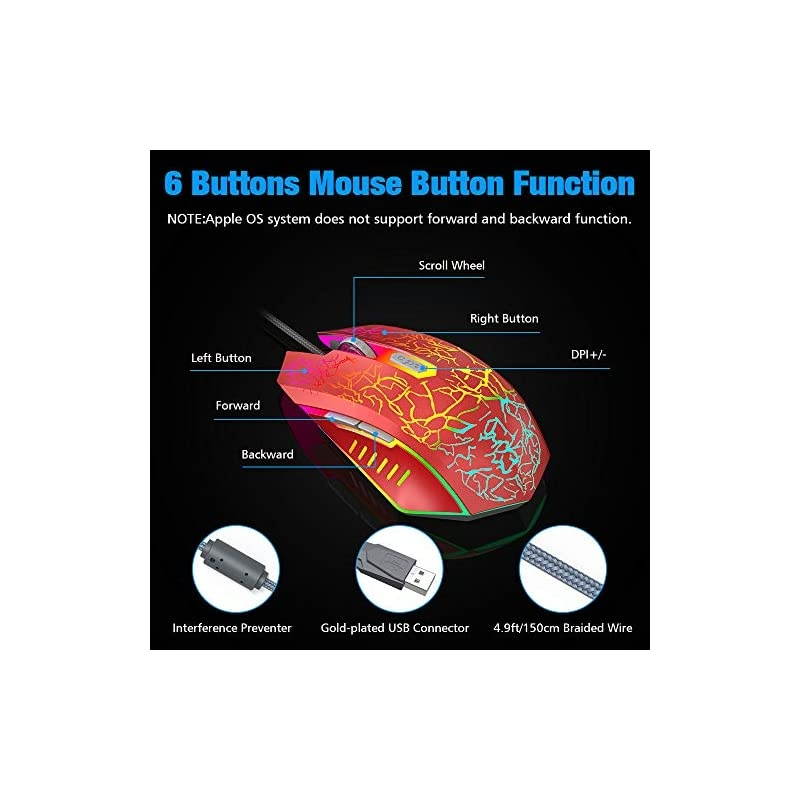 RGB Gaming Mouse Ergonomic USB Wired Optical Mouse Mice with 7 Colors LED Backlight 4 DPI Settings Up to 3600 DPI 6 Programmed Buttons for Laptop PC Computer Games amp Work Red