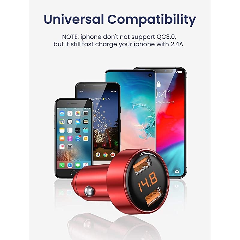 Car Charger Adapter,  Dual QC3.0 Port 6A/36W USB Car Charger All Metal Cigarette Lighter USB Charger Voltage Display Compatible with 11/11 pro/XR/X/XS/8, Galaxy Note 8/S9/S10+/S8 - Red
