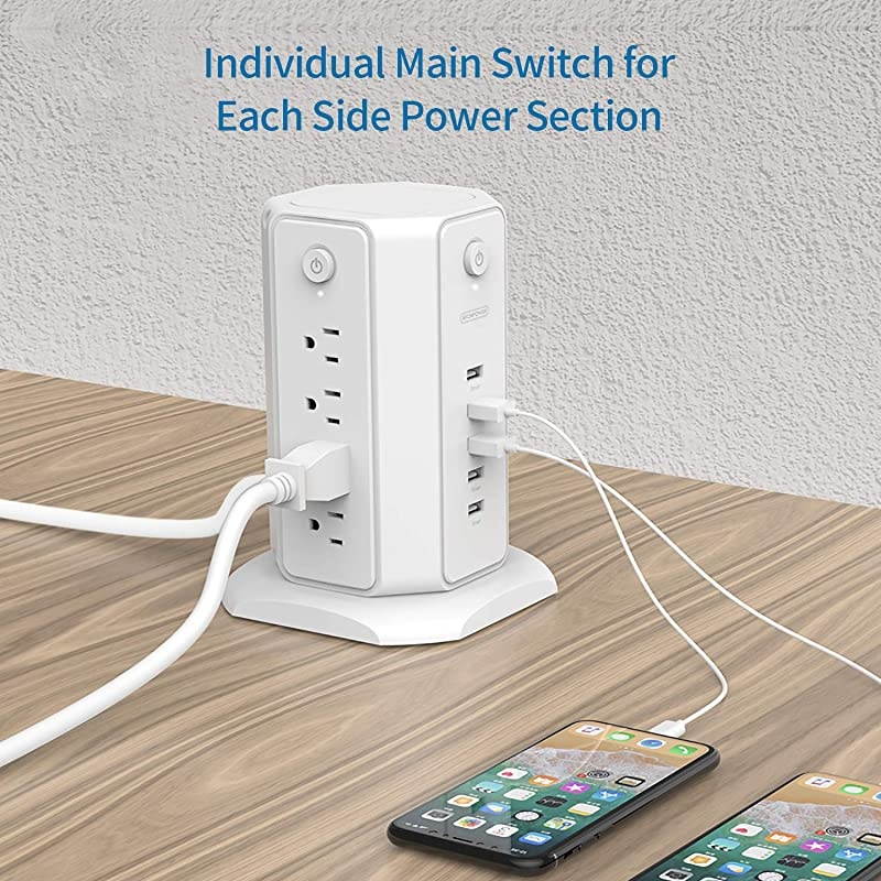 Power Strip Tower  Surge Protector Flat Plug 8 Outlets 5 USB Desktop Charging Station 6ft Extension Cord Individual Switches UL Listed 1080 J Circuit Breaker for Home and Office