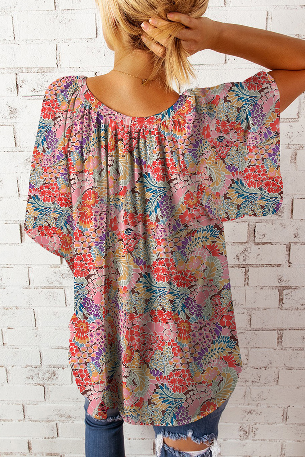 Multicolor Gorgeous Notch V Neck Short Sleeve Floral Blouse